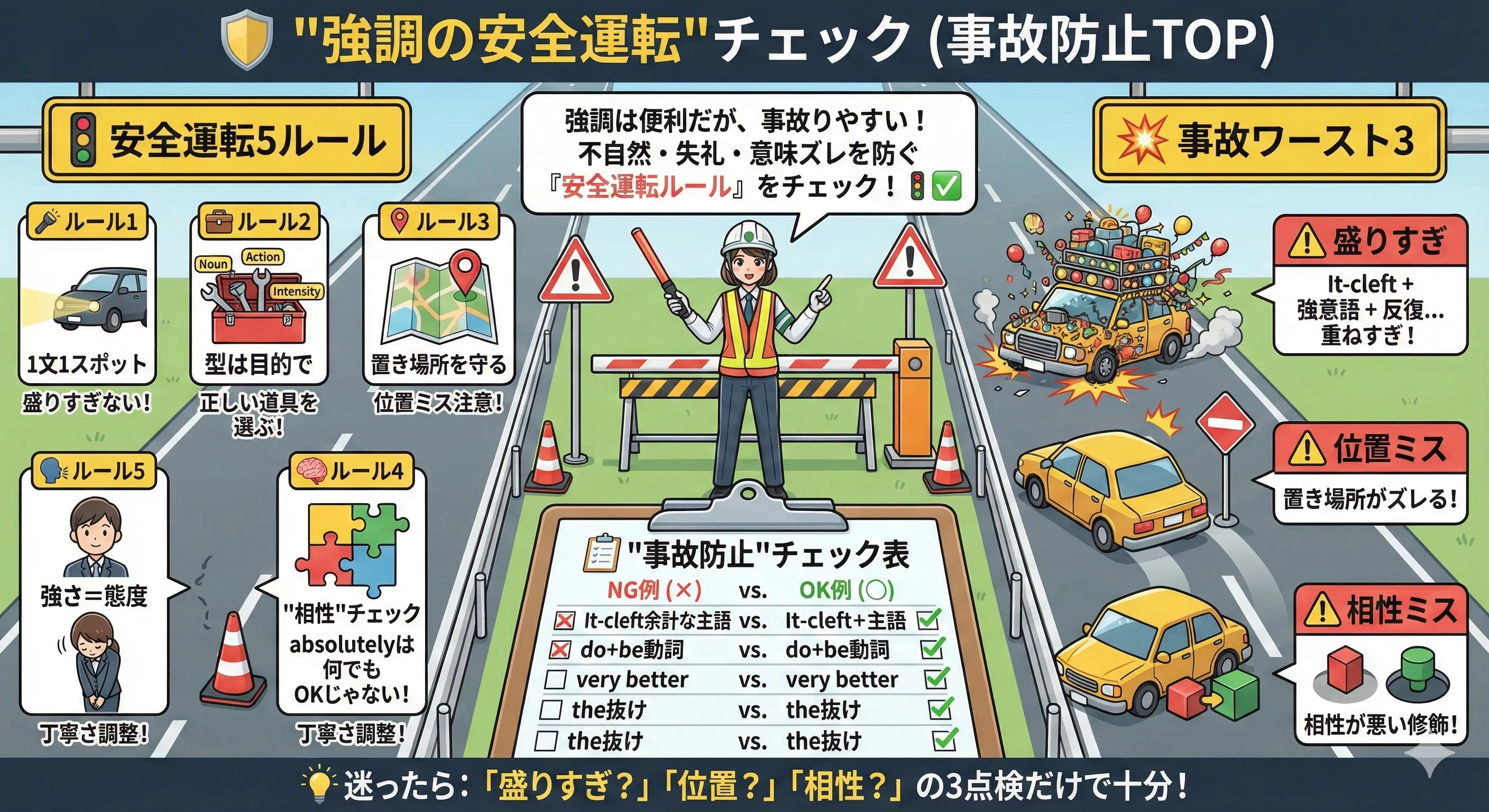 強調の安全運転：1文1スポット・位置・相性・強さ（態度）を標識風にまとめた図
