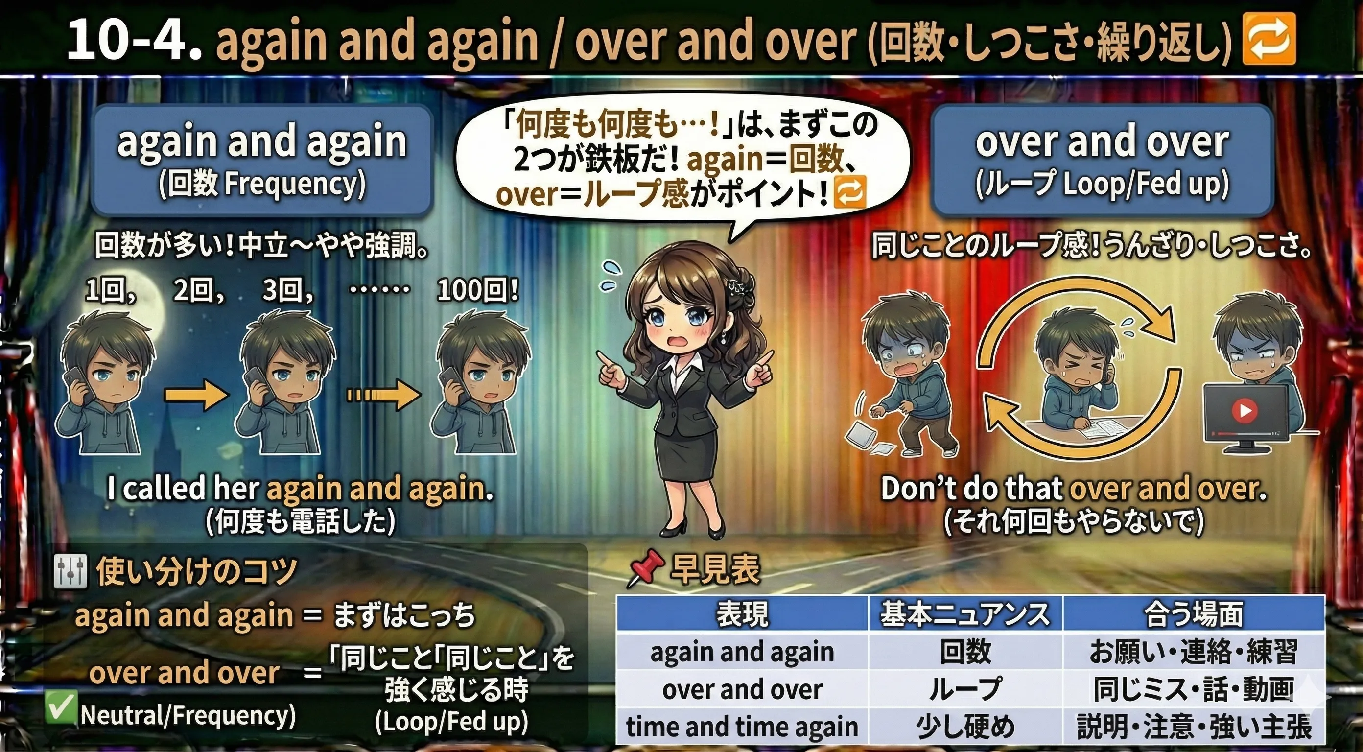 again and again と over and over の違いの図。againは回数カウンター、overはループ矢印で同じ行動の反復を表す