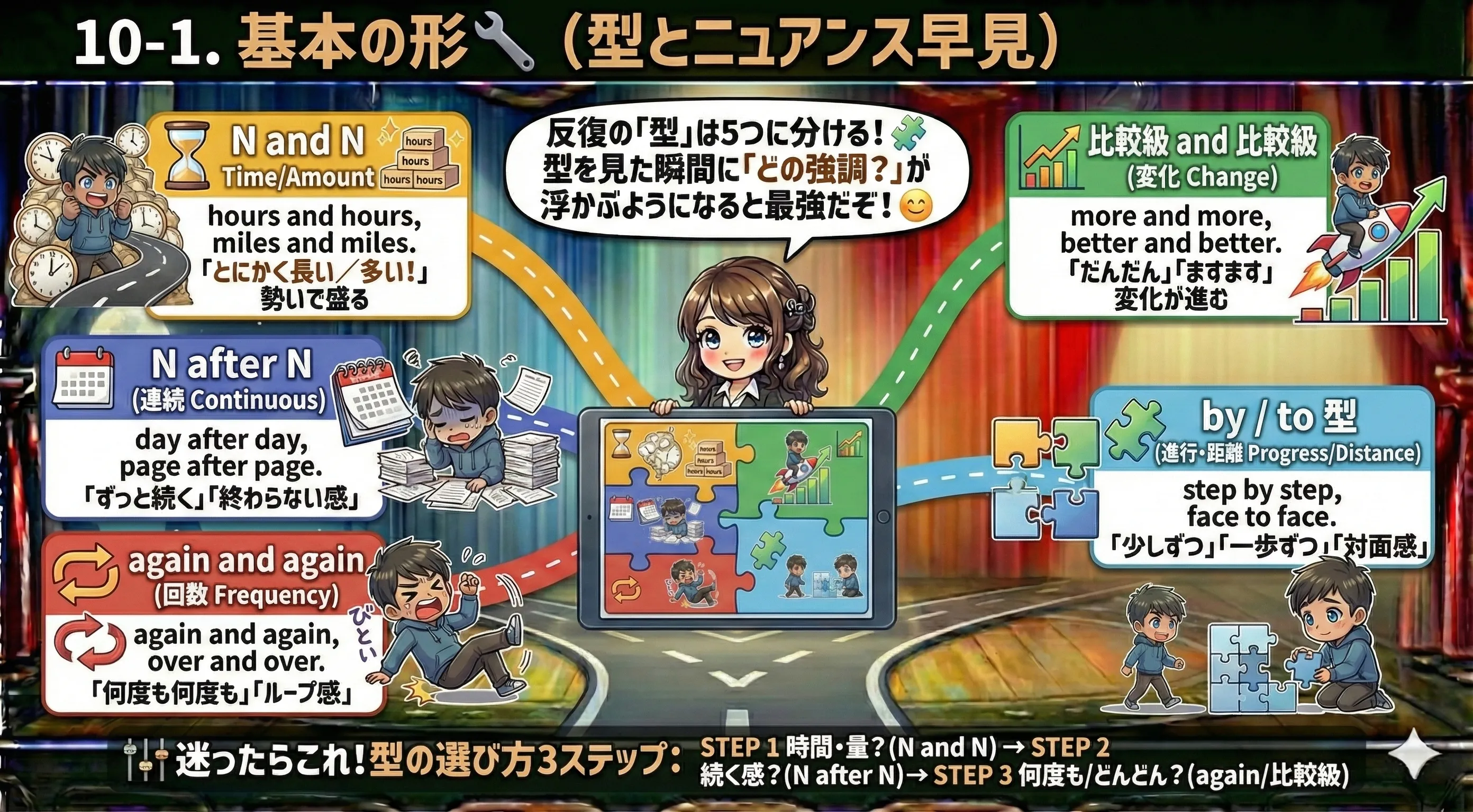 反復強調の基本5パターン図：1)N and N（時間・量）2)N after N（連続）3)again and again / over and over（回数）4)比較級 and 比較級（変化）5)by/to型（進行・対面）。例付きで色分け