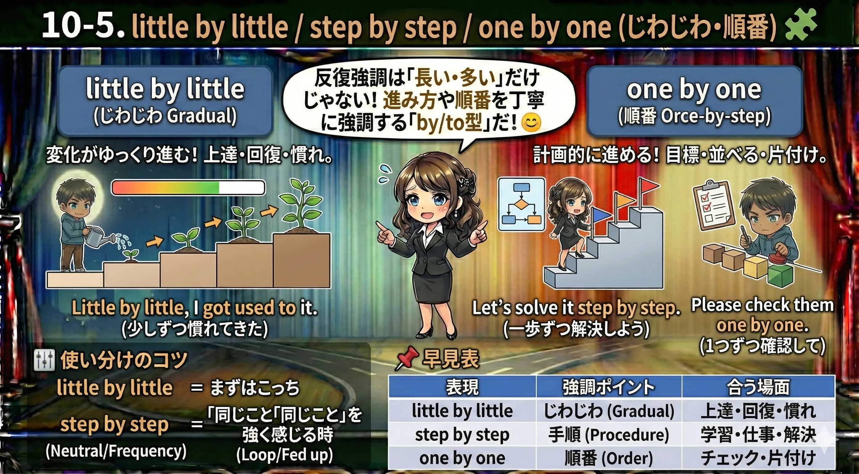 little by little（少しずつ上がるグラフ）、step by step（階段）、one by one（1つずつチェック）の図
