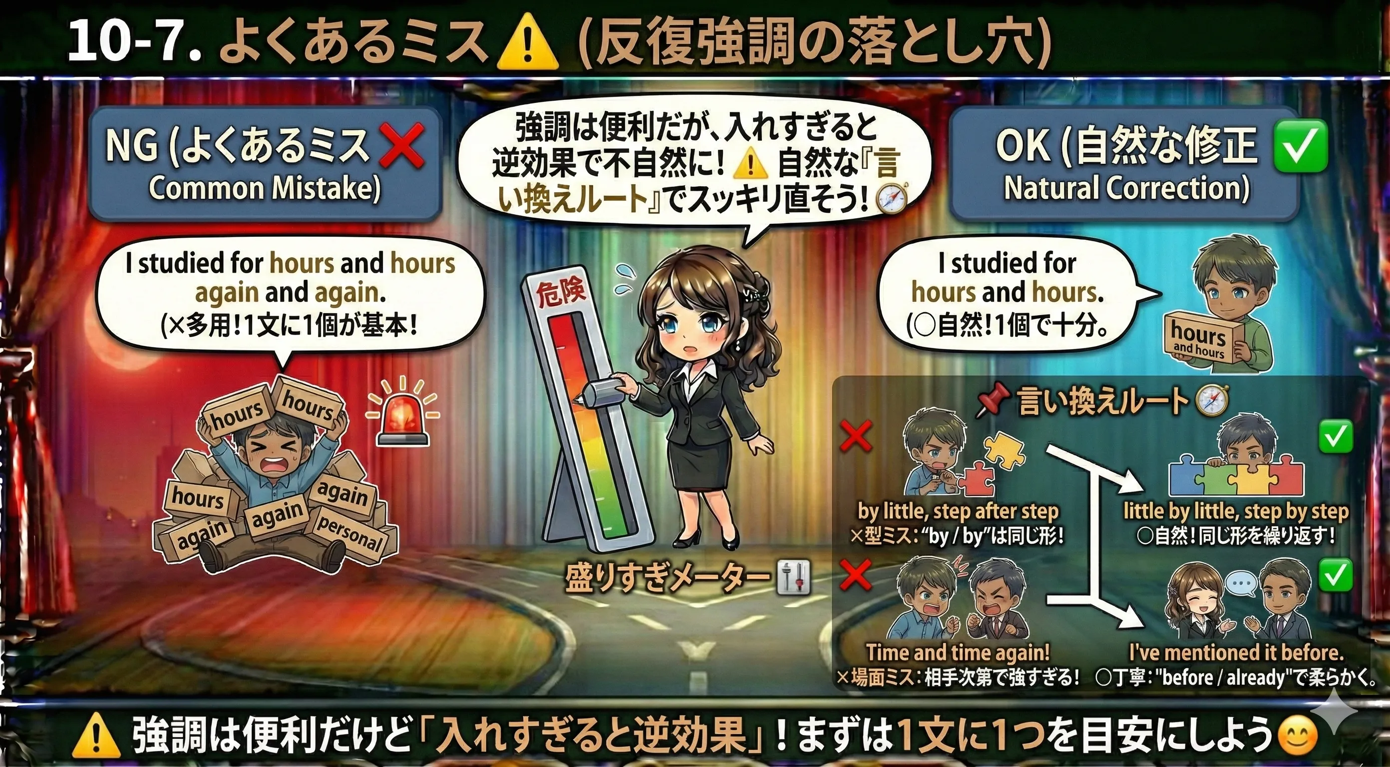 反復強調のよくあるミス図：盛りすぎメーター（too much）と、言い換えルート（very/a lot/for a long time など）