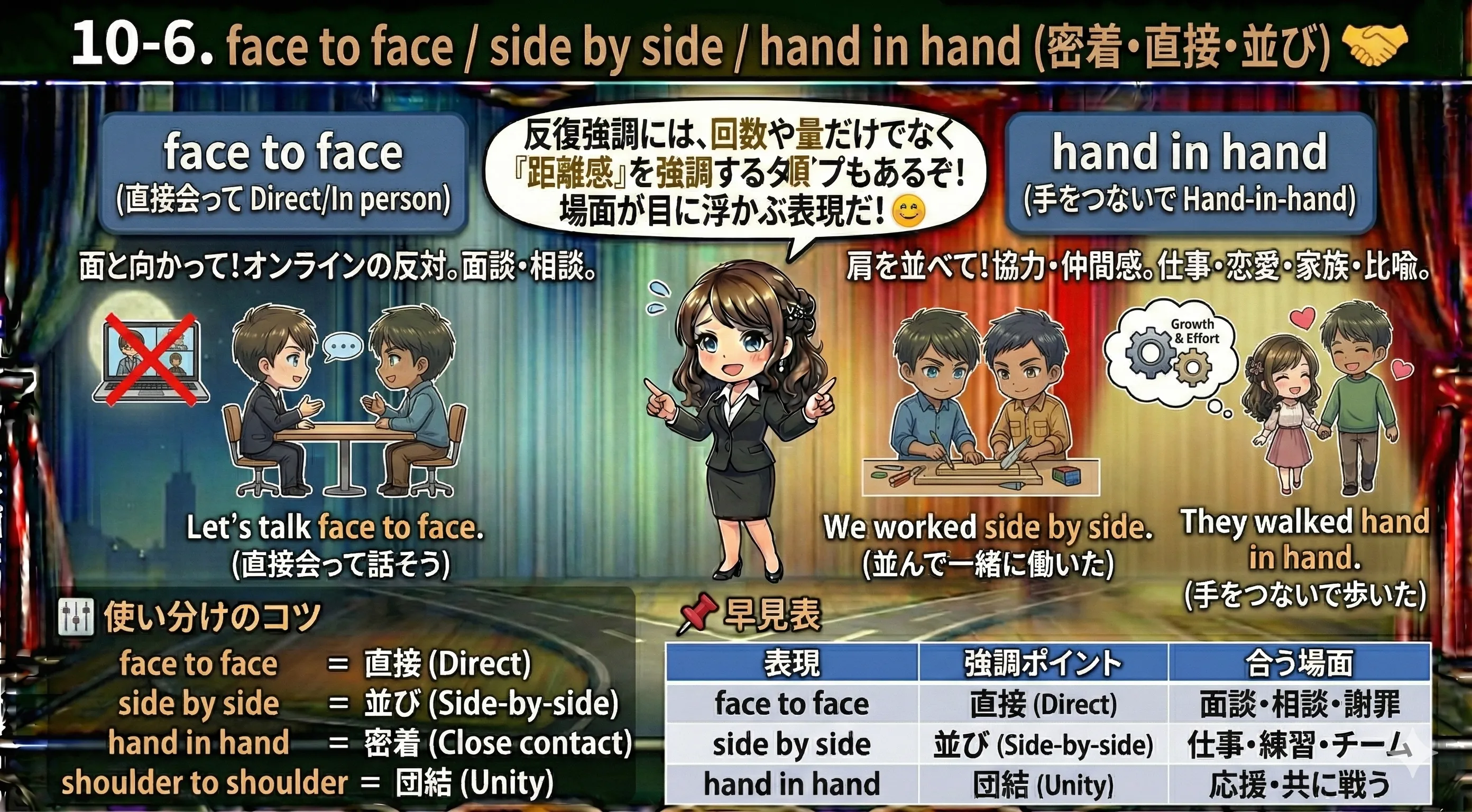 face to face（向かい合う）、side by side（並んで歩く）、hand in hand（手をつなぐ）の図。距離感・密着感をアイコンで表す