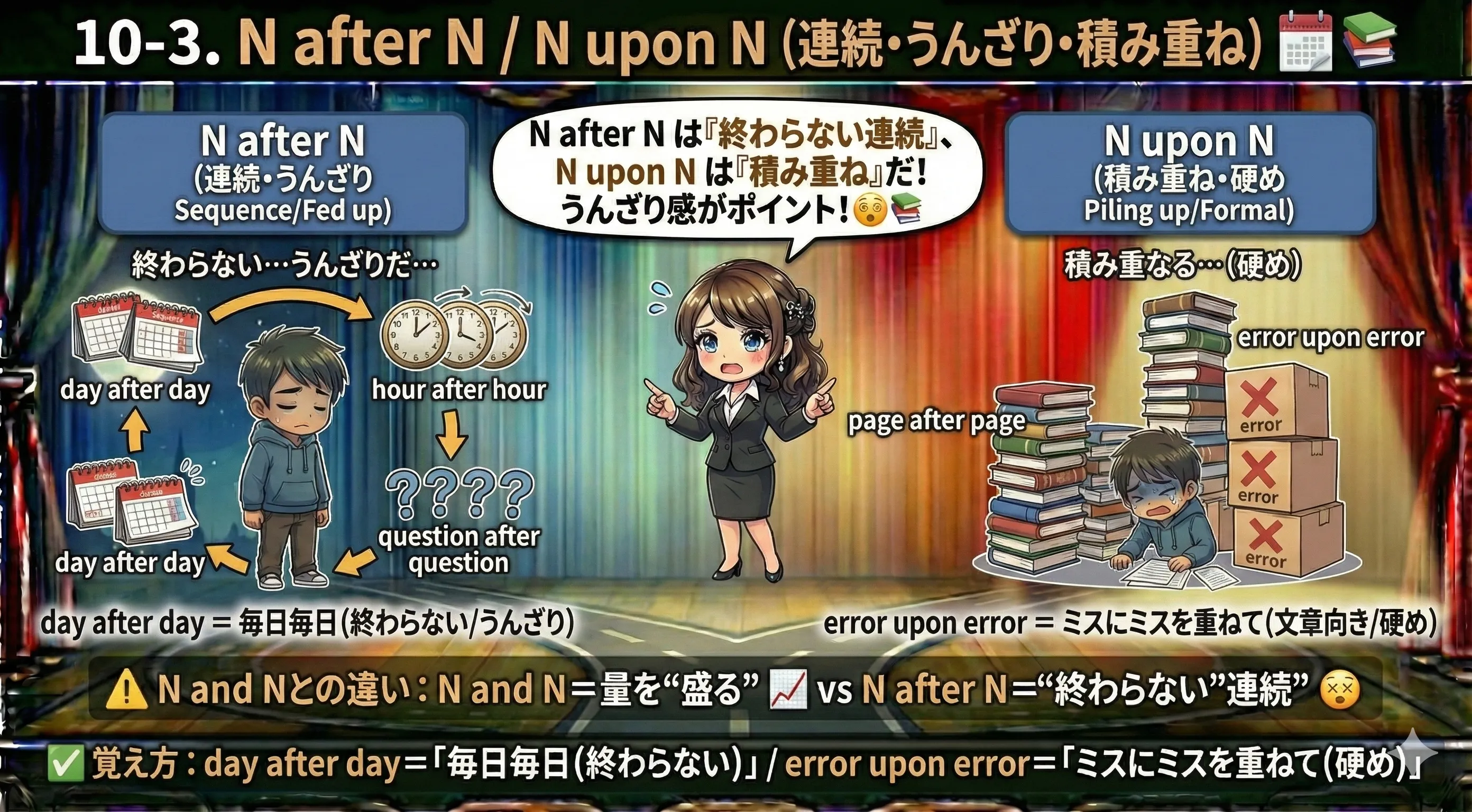 N after N / N upon N のイメージ図。カレンダーが連続する（day after day）、本が積み上がる（error upon error）などを矢印で表現