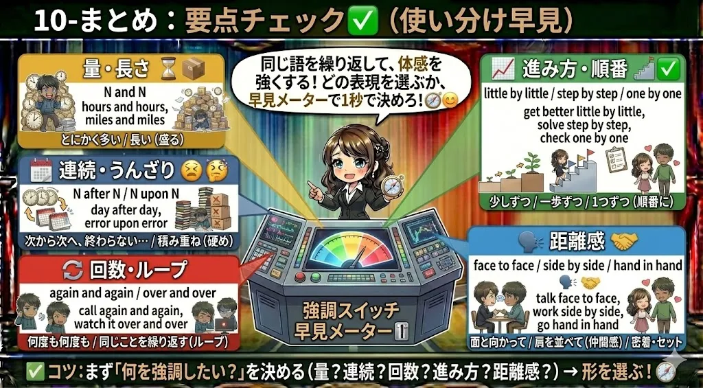 Section10まとめ図：量（N and N）、連続（N after N）、回数（again/over）、進み方（little/step/one）、距離（face/side/hand）の選び方をアイコンで整理