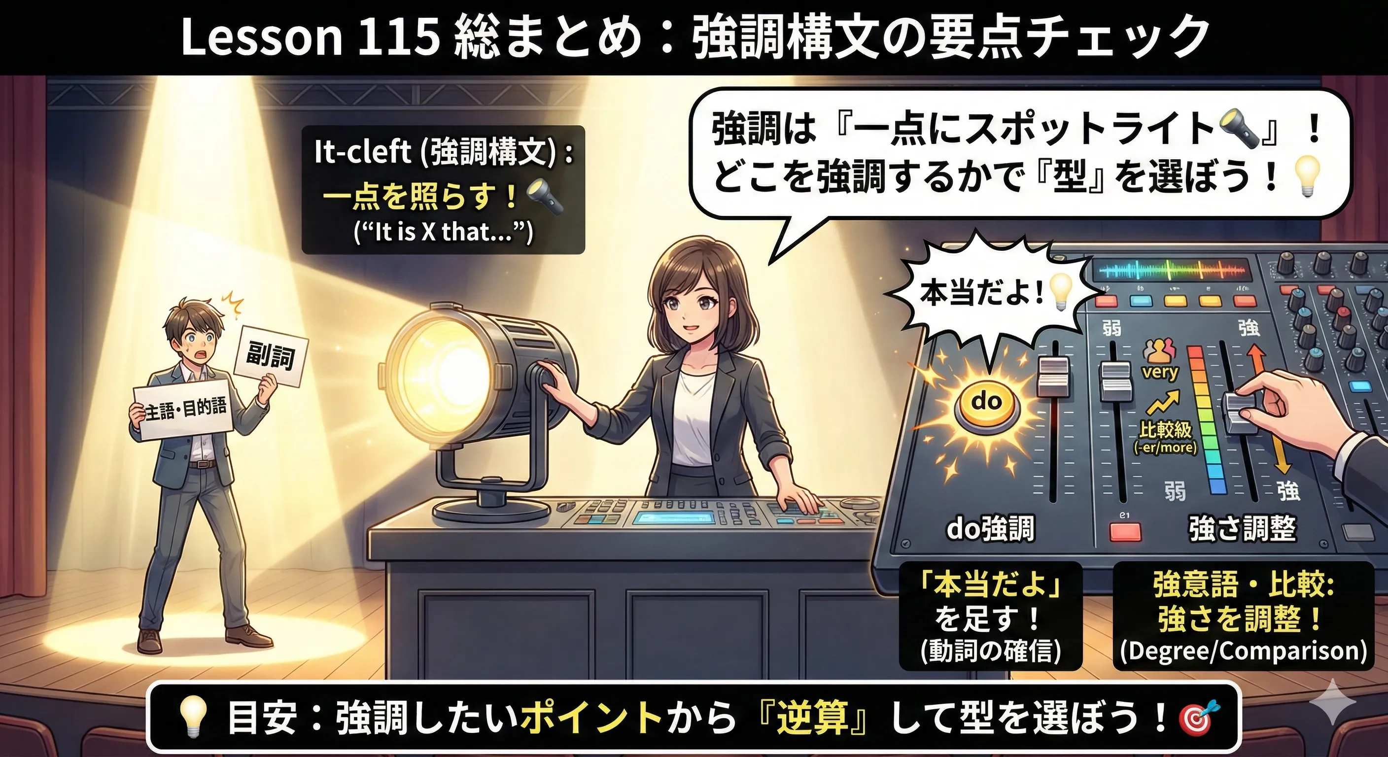 強調構文の全体像：It-cleft（スポットライト）／do強調（事実の強調）／強意語・比較（強さのつまみ）などをまとめた地図