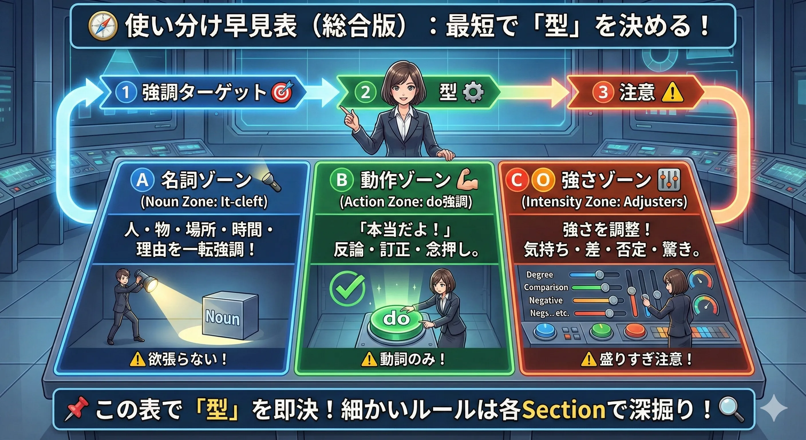 使い分け早見図：名詞→It-cleft／動作→do強調／強さ→強意語・比較・否定・疑問詞・myself・反復 の対応をまとめた図