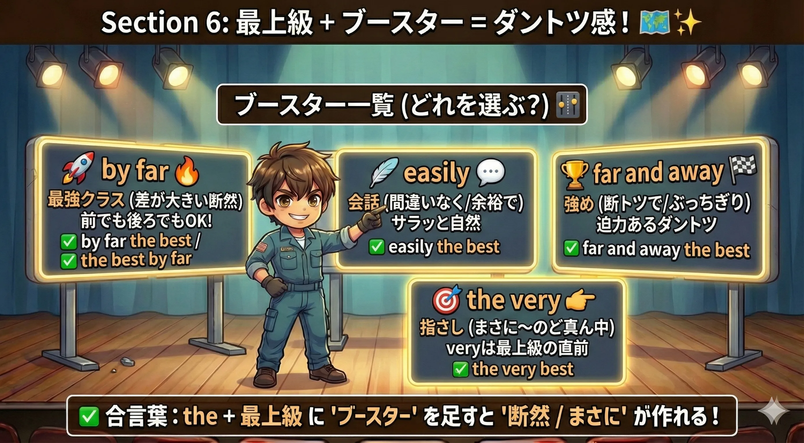 最上級の強調ブースターまとめ：by far / much the / easily / far and away / the very の使い分け一覧図