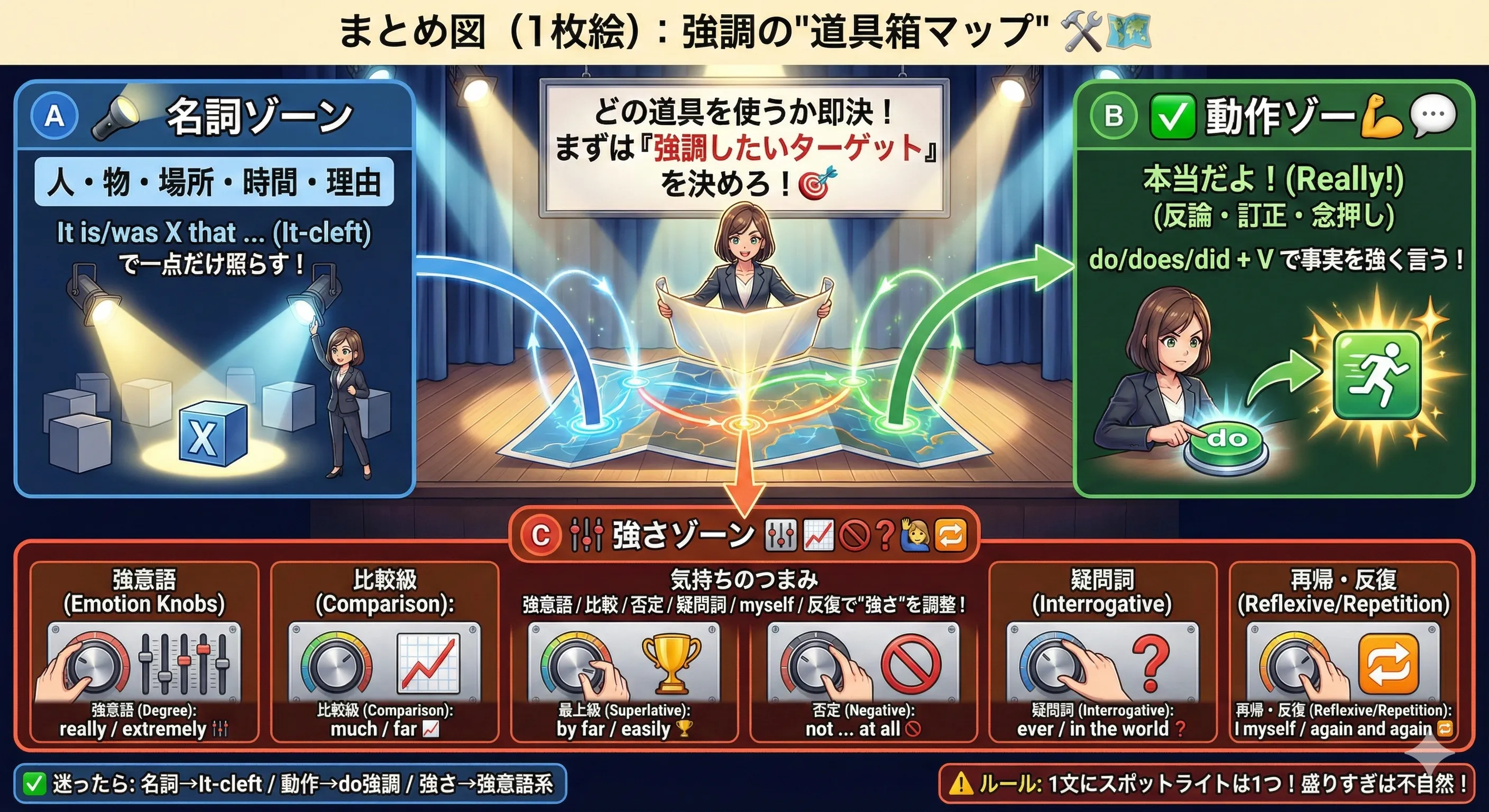 強調の道具箱マップ：It-cleft（名詞の一点強調）／do強調（動作の事実）／強意語（程度）／比較級・最上級（差・ダントツ）／否定強調／疑問詞強調／再帰代名詞／反復などをゾーン分けした図