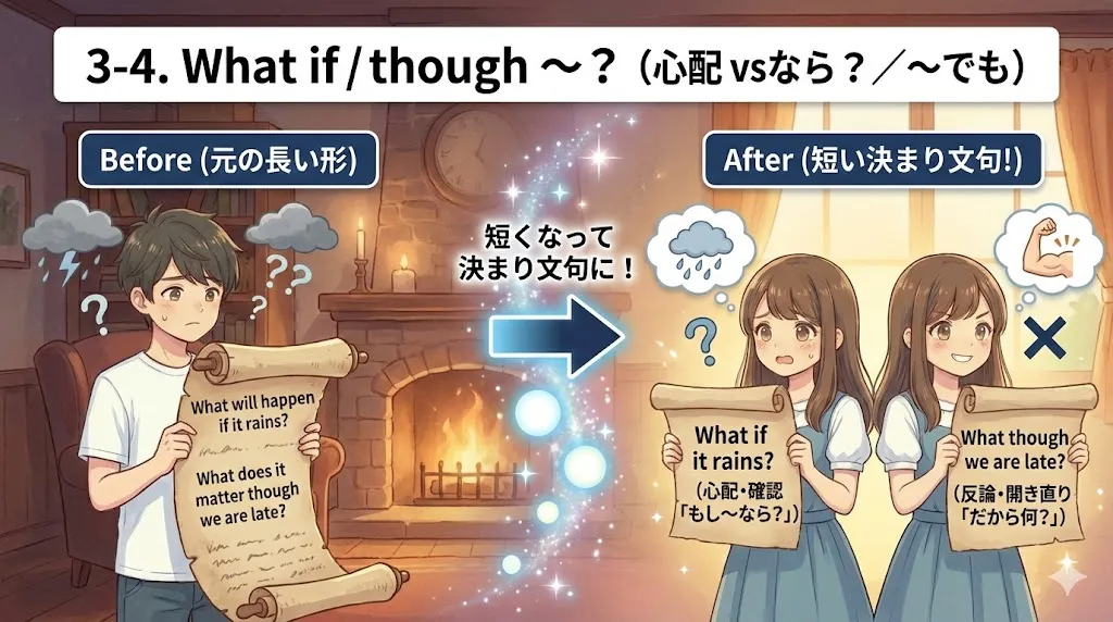 What if は心配のシミュレーション、What though は反論や開き直りのニュアンス、の対比図