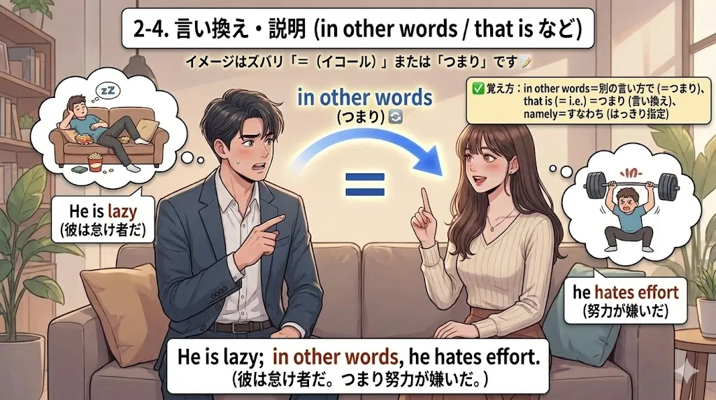 言い換え・説明の挿入語句：難しい表現をやさしく言い直すイメージ図（＝の記号や吹き出し）