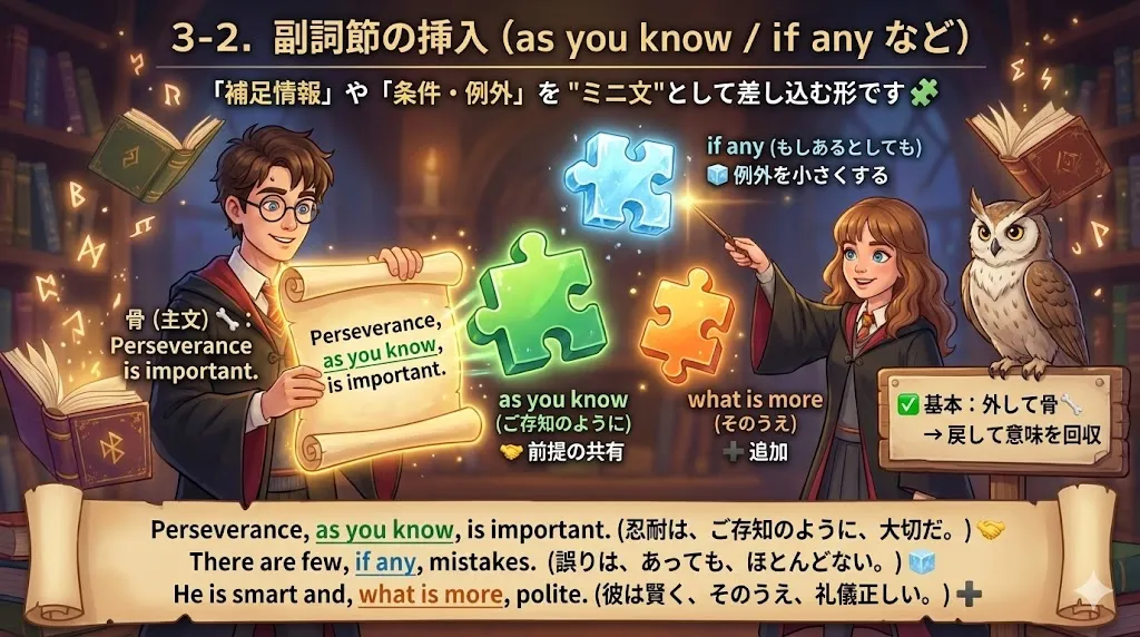 副詞節の挿入：主文の途中に as you know / if any などの補足節が差し込まれる図