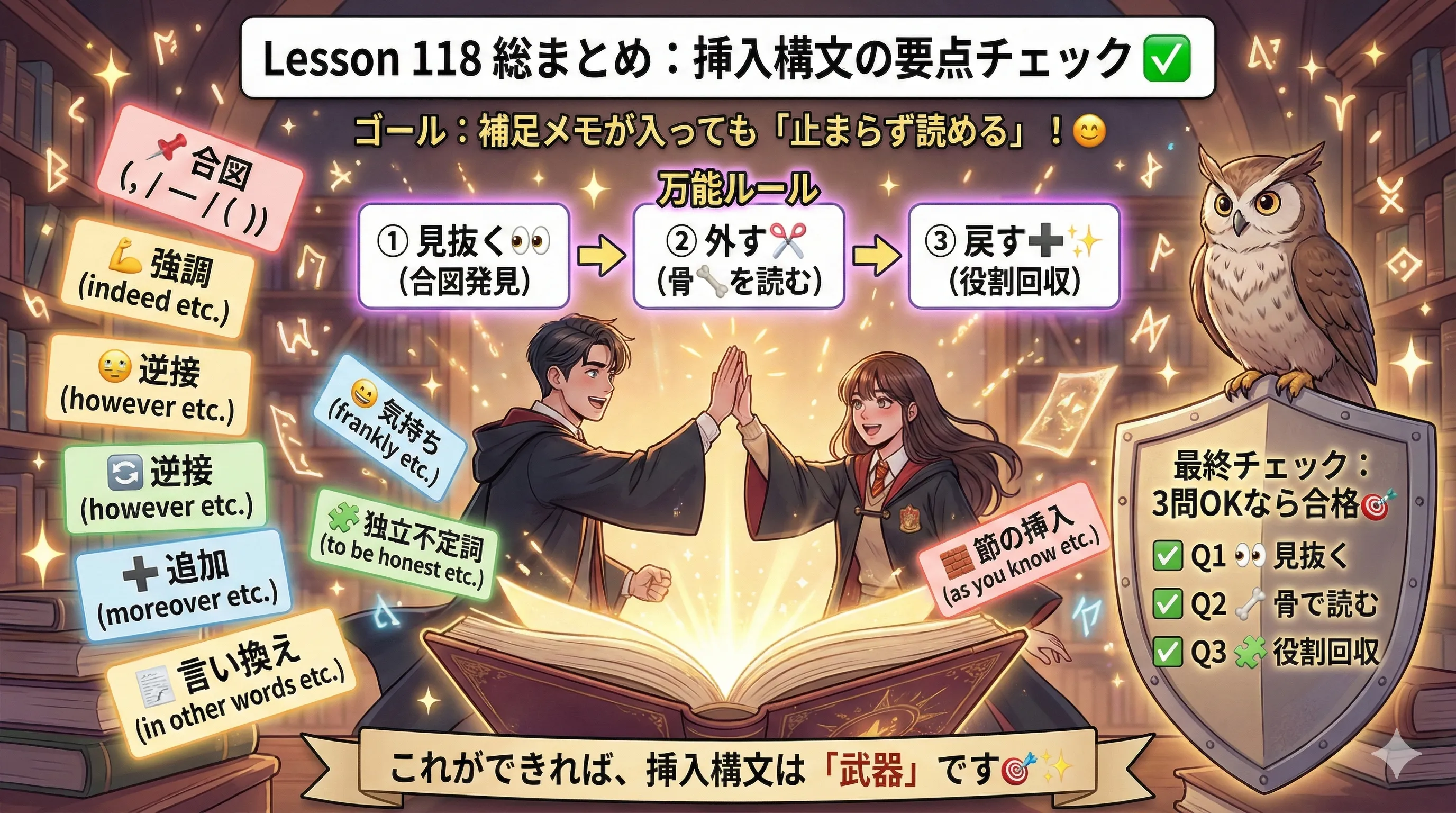 挿入構文の総まとめ：①合図を見抜く→②挿入を外して骨で読む→③挿入を戻して意味を回収するチェックリスト図