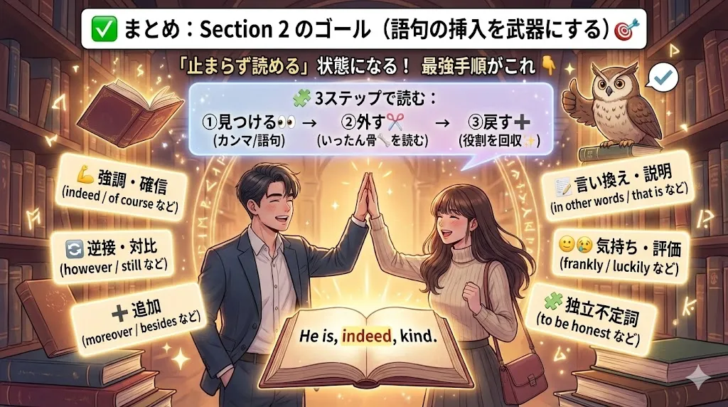 語句の挿入の攻略法：①合図を見つける→②挿入を外して骨を読む→③挿入を戻して意味を回収する