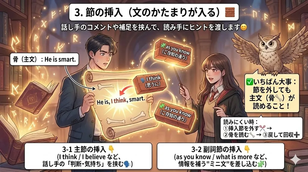 節の挿入：文の骨（主文）の途中に、I think / as you know などの節が差し込まれるイメージ図