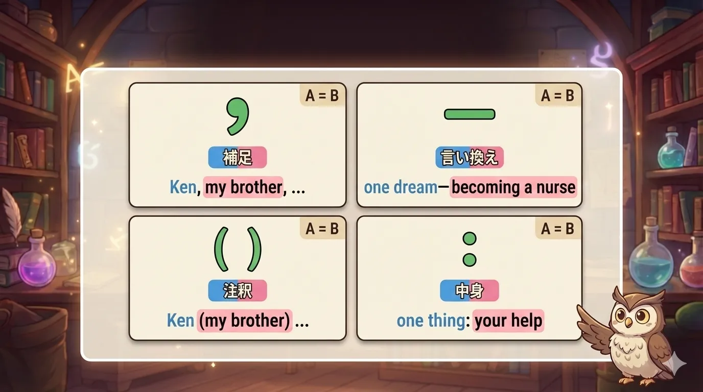 同格を見つける合図：カンマ・ダッシュ・カッコ・コロンで説明が入るイメージ図