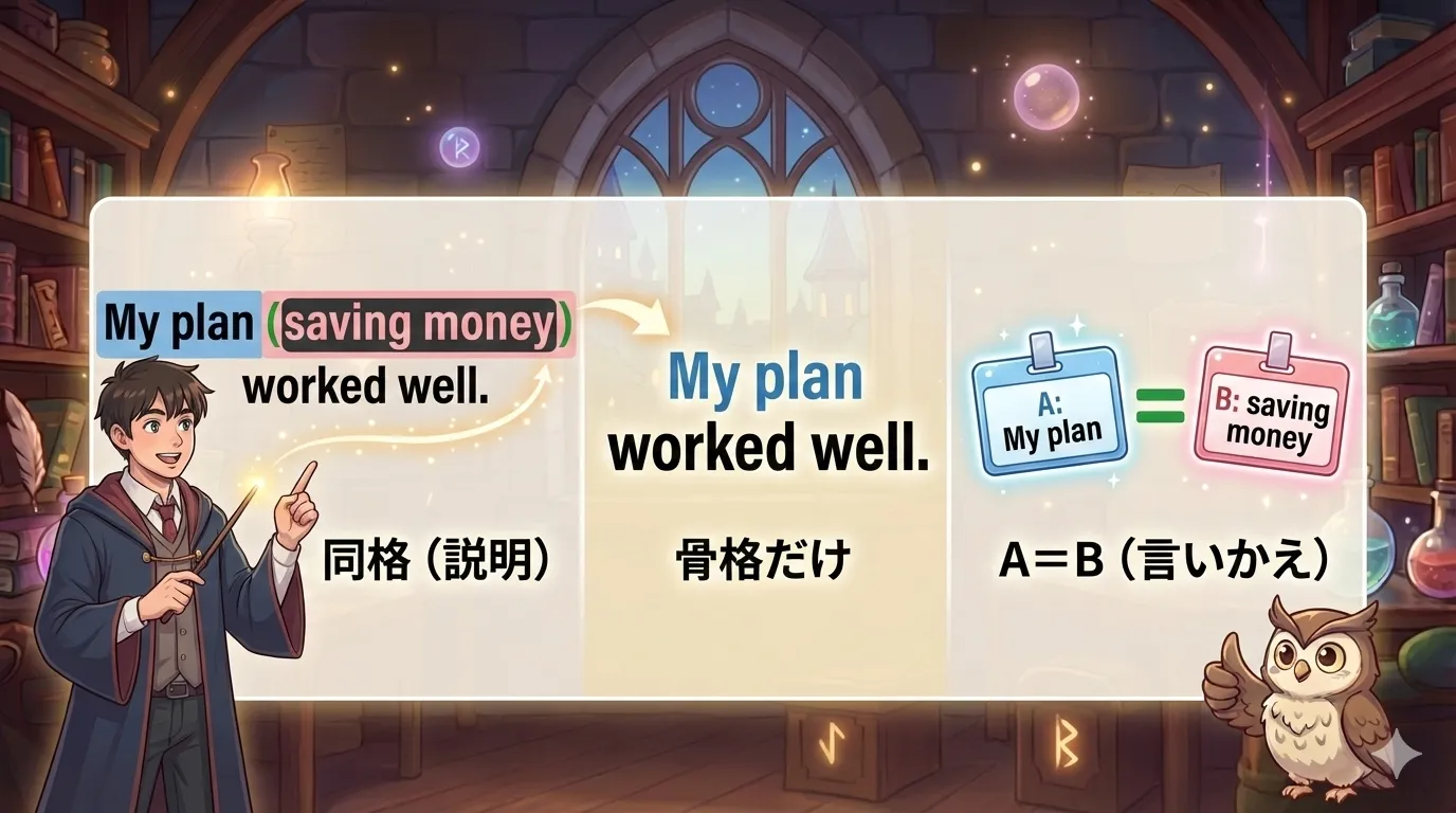 同格の読み方：同格部分を外して主語＋動詞の骨格を先に読む（外す→骨格→戻す）