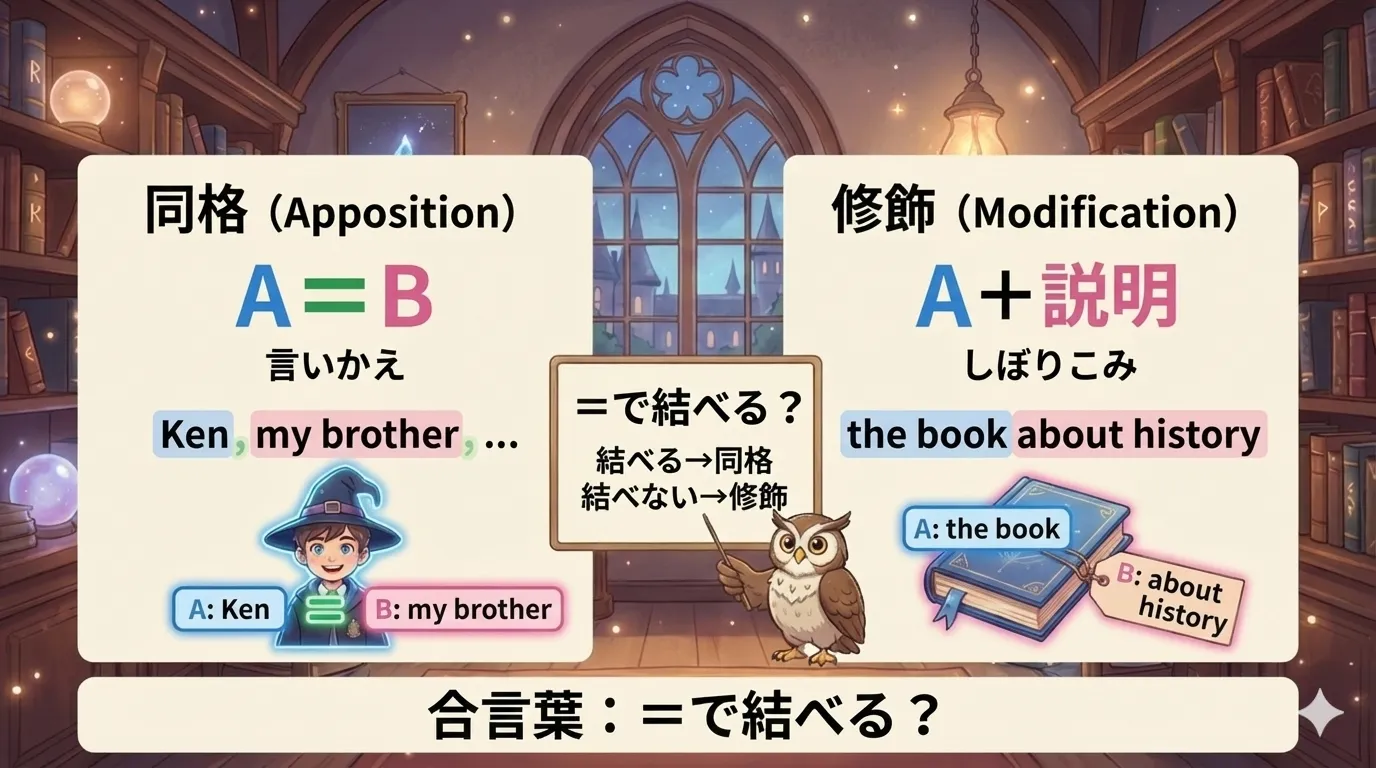 同格と修飾の違い：同格はA=B、修飾はAに情報を足す（AはAのまま）