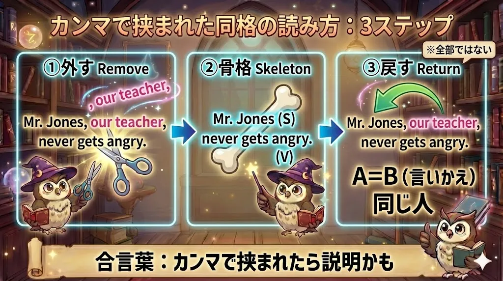 カンマの同格：, で挟まれた説明を外して骨格（S+V）を先に読む（外す→骨格→戻す）