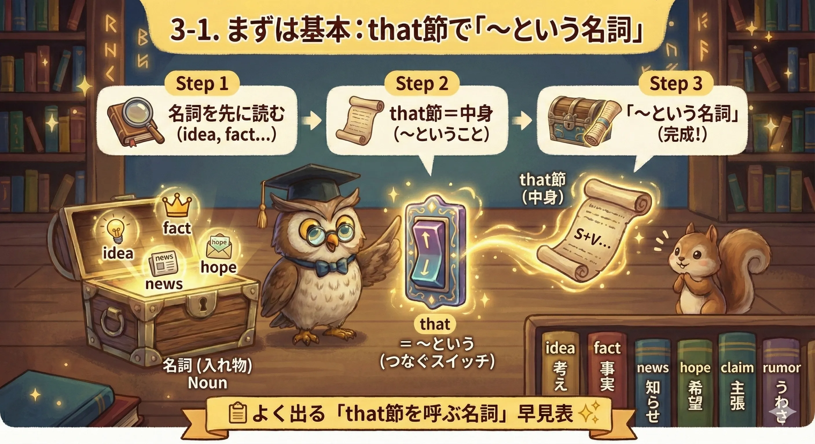 名詞＋that節のイメージ：名詞が入れ物で、that節が中身（内容）を説明する図