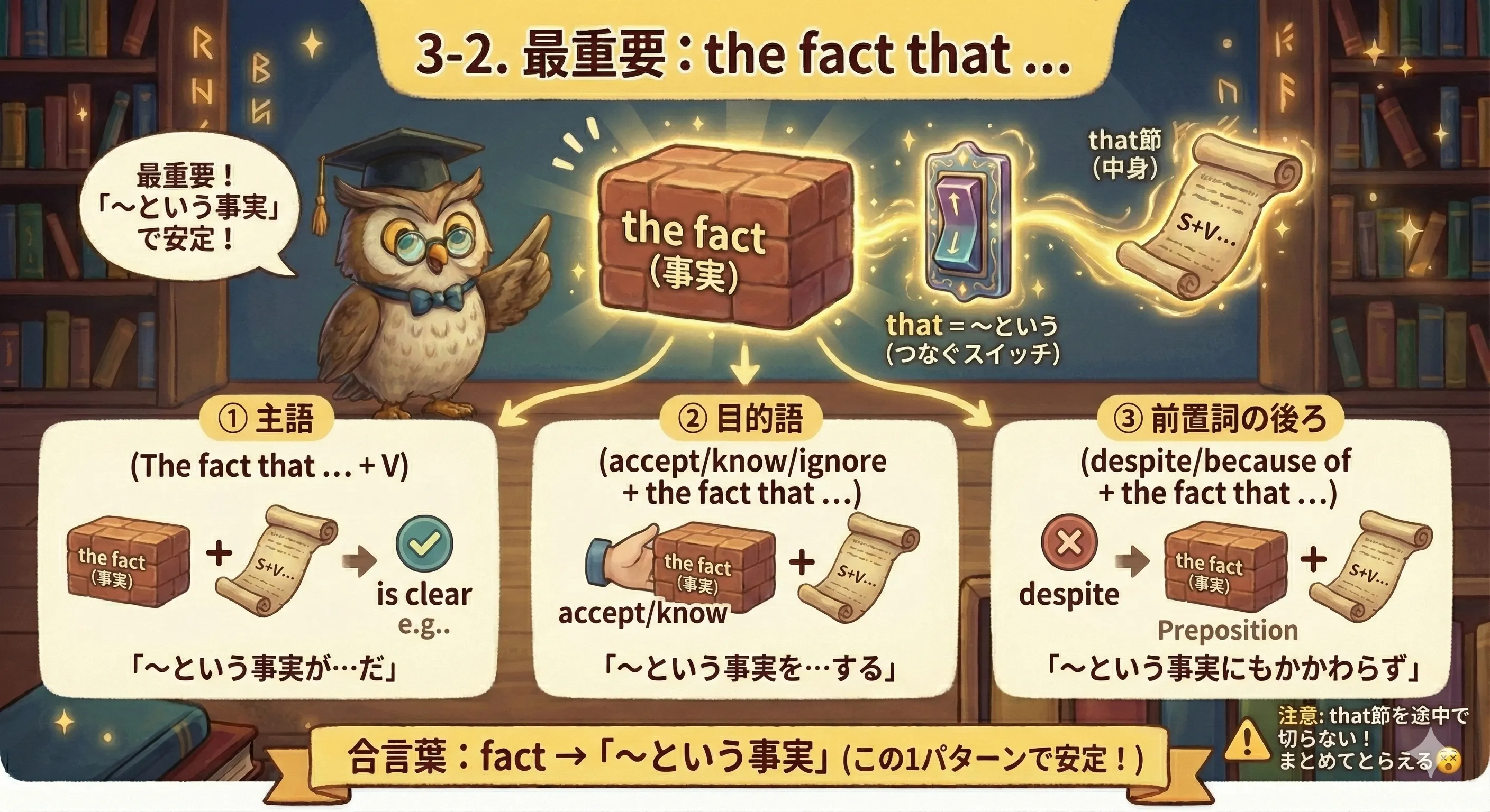 the fact that のイメージ：fact（事実）が入れ物で、that節が中身（〜という事実）を説明する図