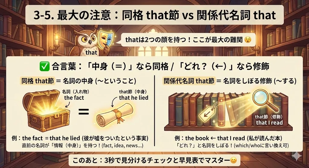 同格that節は名詞の中身、関係代名詞thatは名詞を修飾してしぼる、という比較図