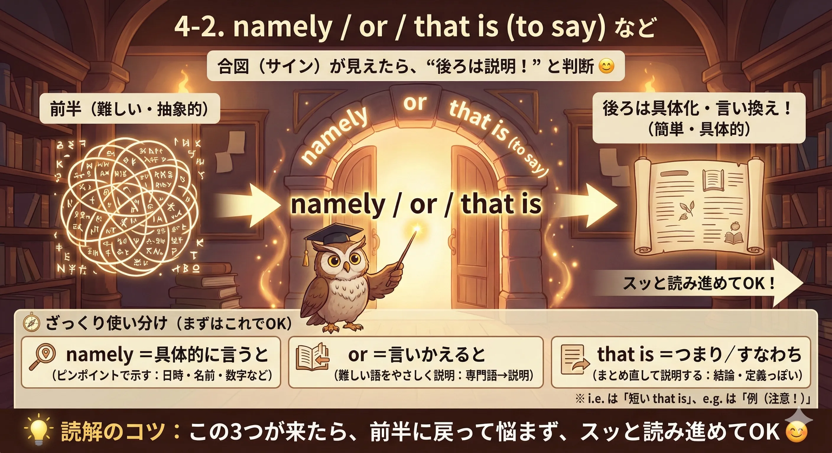 namely/or/that is のイメージ：前半→合図→後半（言い換え・具体化）へつながる図