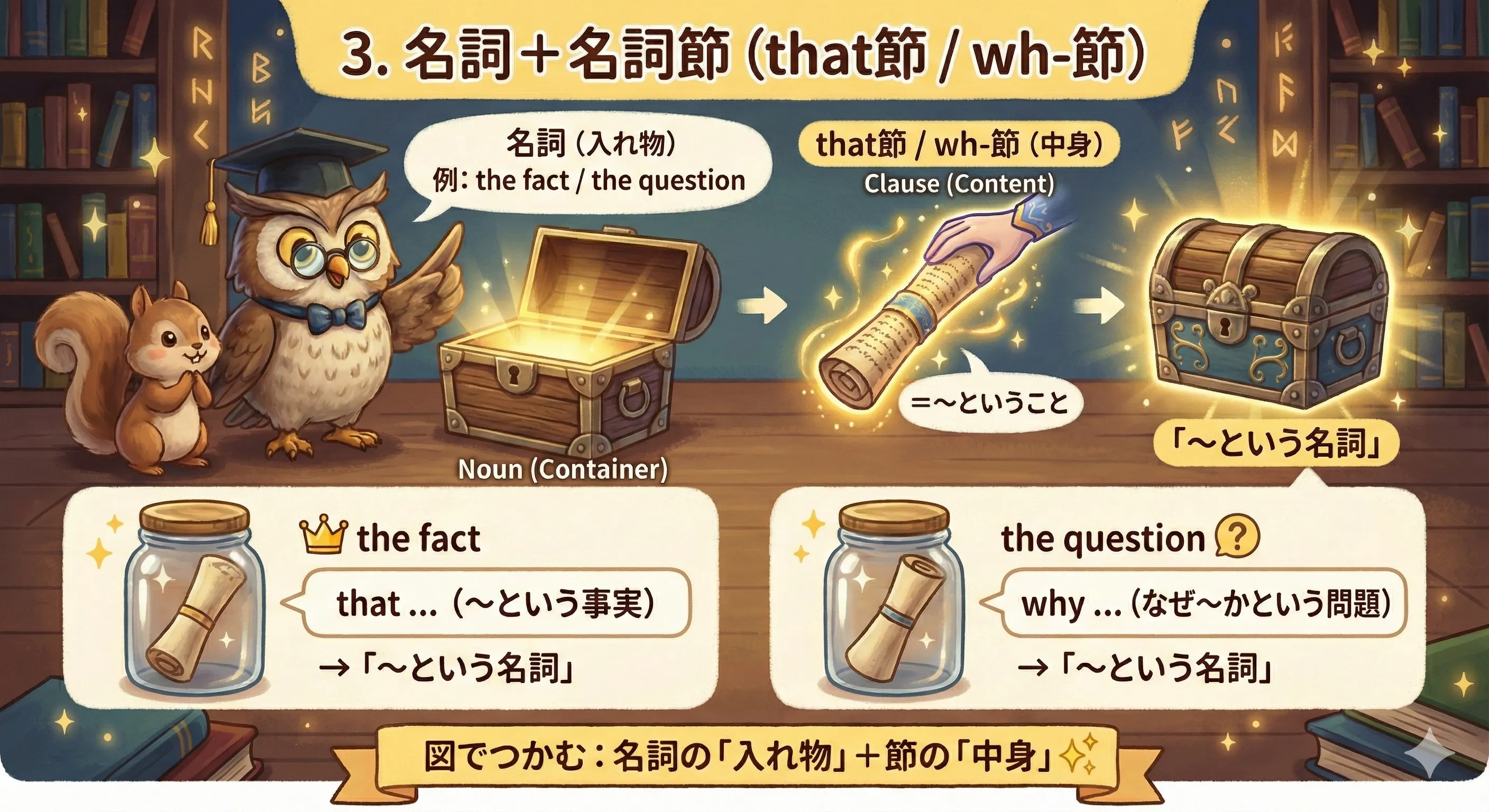 名詞＋名詞節（that節 / wh-節）のイメージ：名詞が入れ物で、that/wh節が中身を説明する図