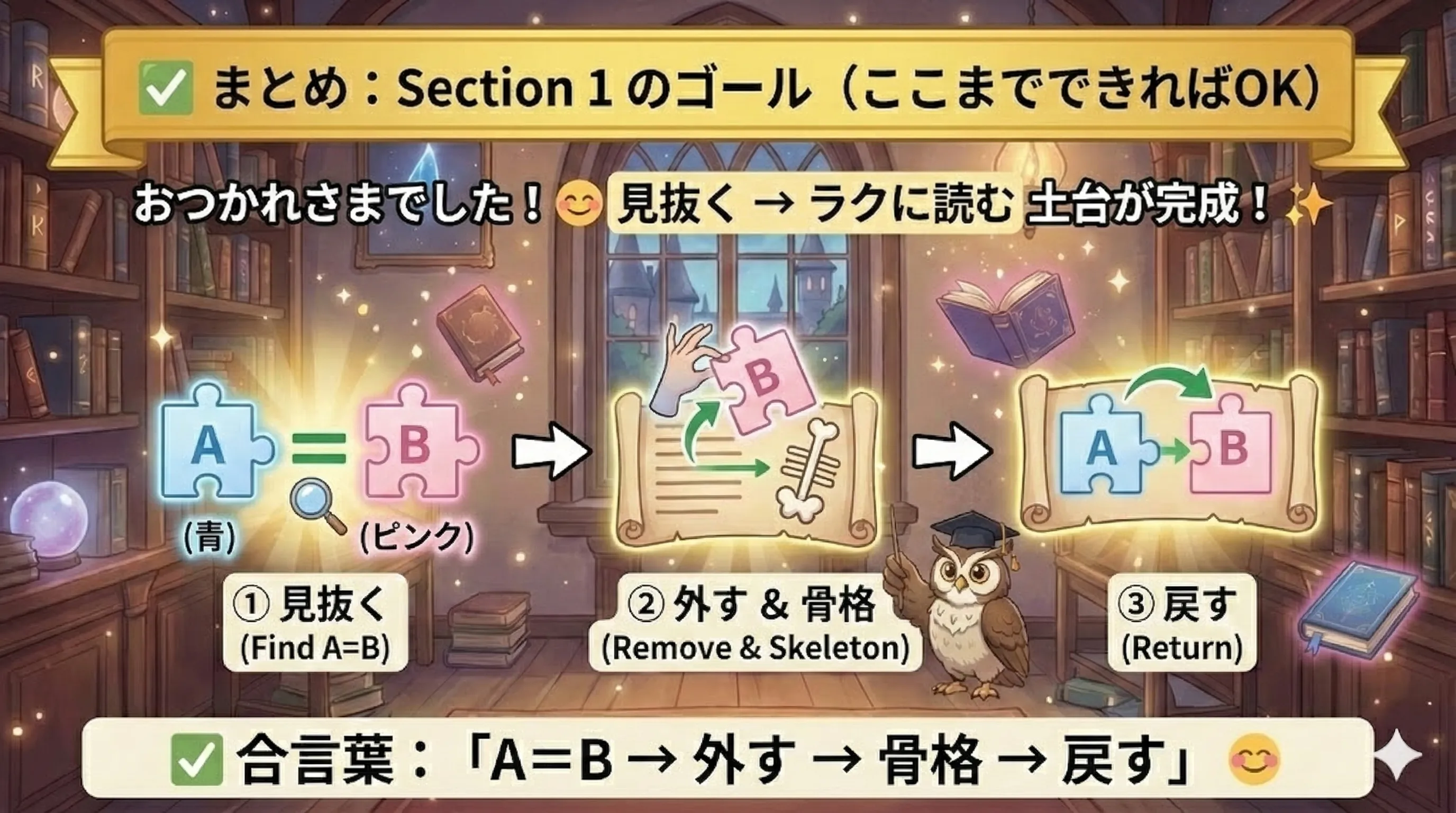 Section1のゴール：A=Bを見抜く→外して骨格→戻して理解、という学習フロー