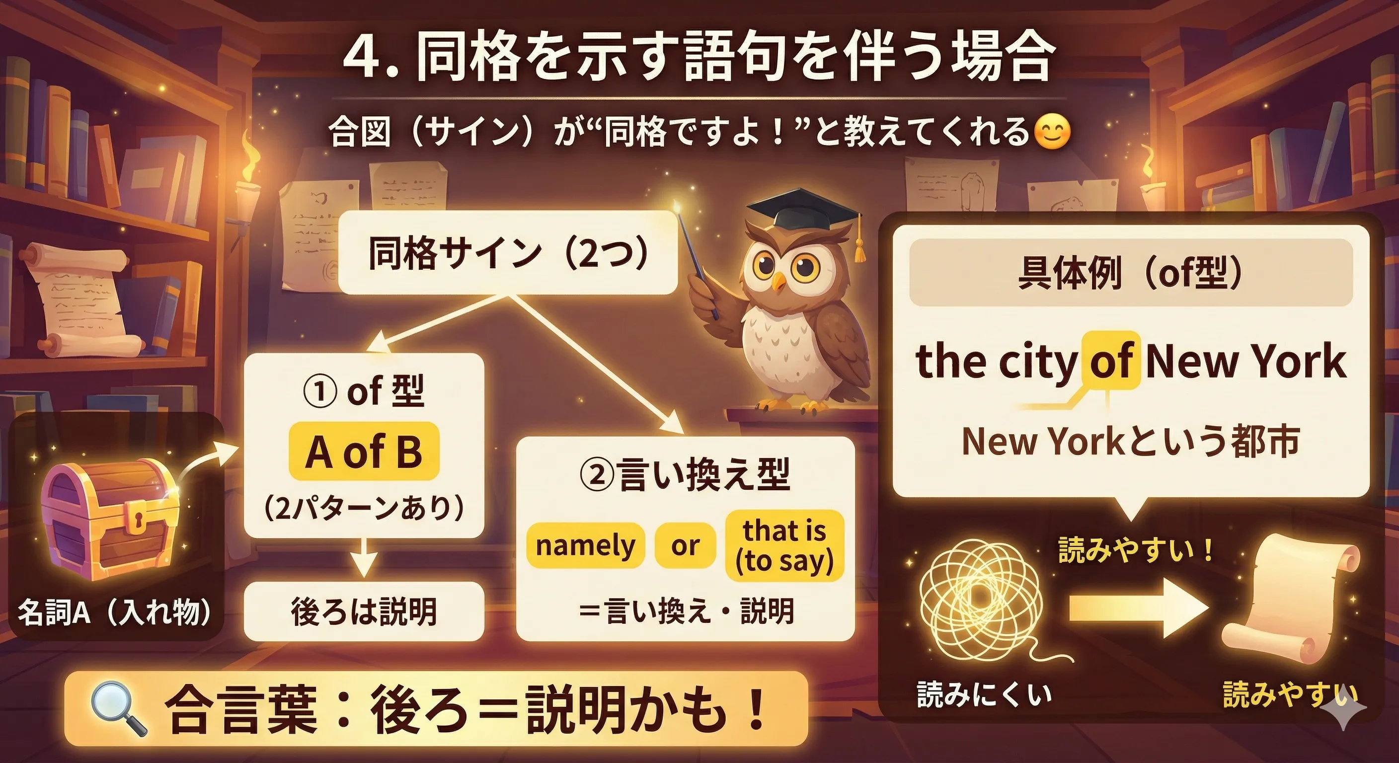 同格の合図：of（BというA / AのようなB）と、namely/or/that is（言い換え）で同格を見抜く図