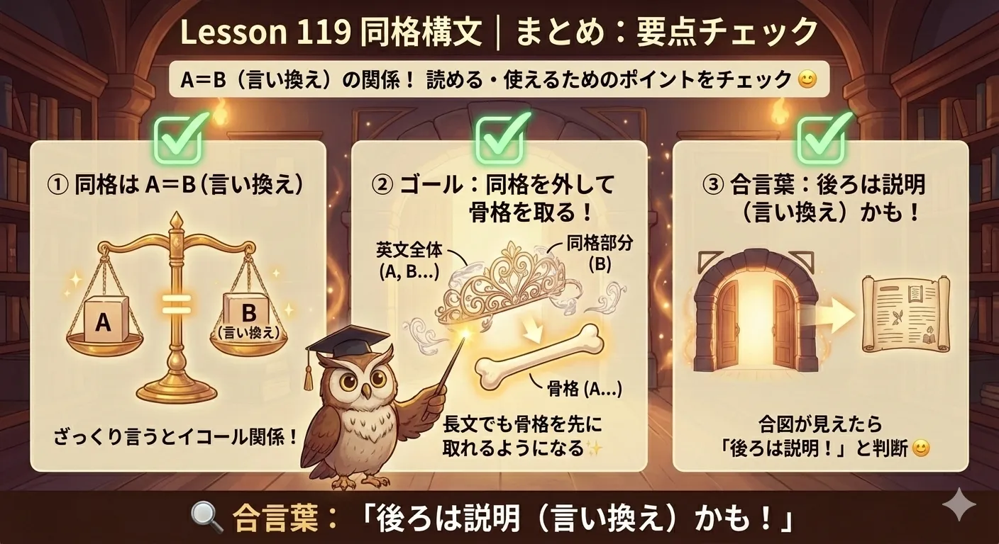 同格まとめ図：A＝Bの言い換え、カンマやthat節、of、namely/that is などで同格を見抜くチェック図