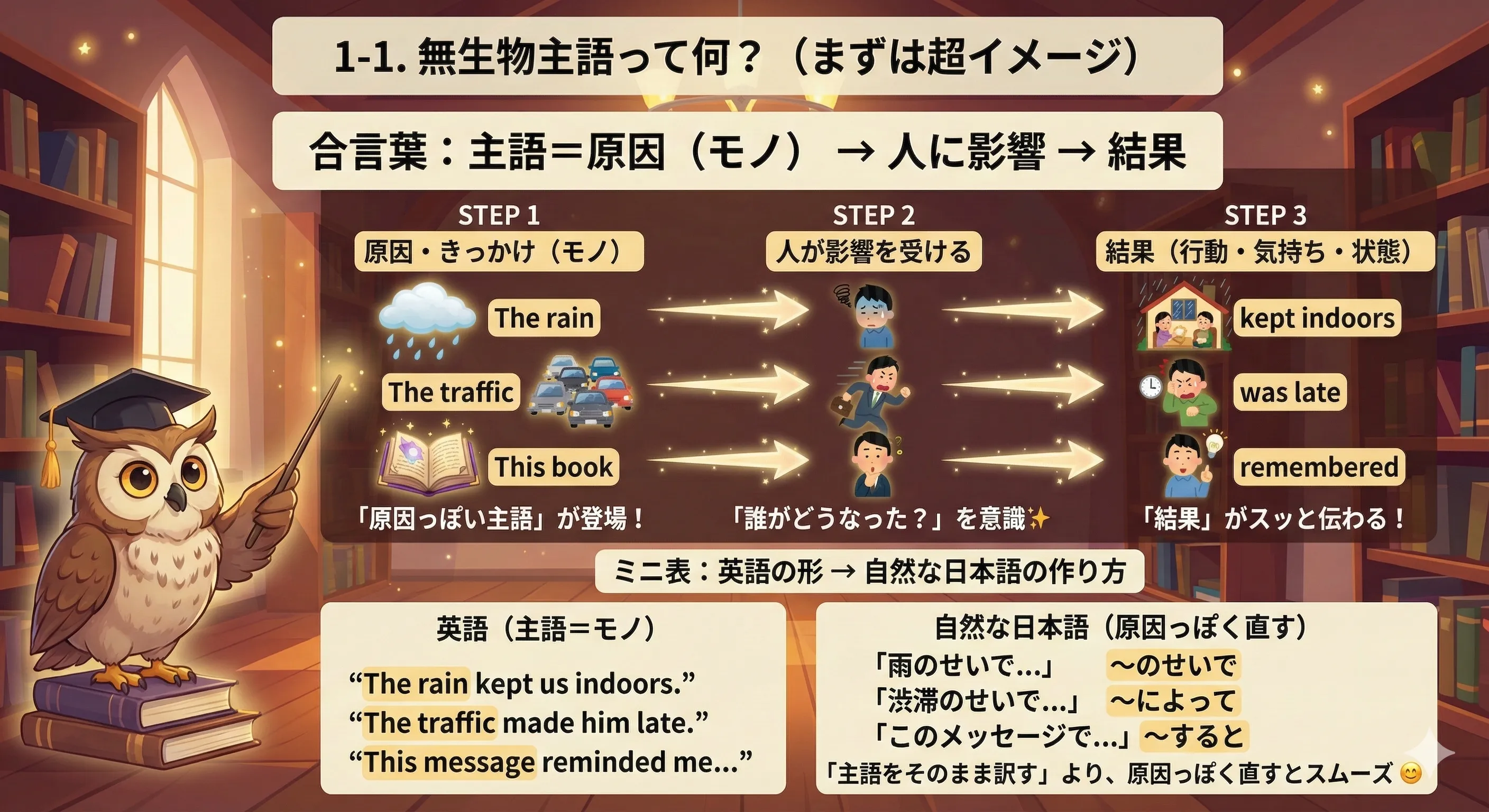無生物主語のイメージ：原因（雨・渋滞・時間・本など）→ 人に影響 → 結果（行動・気持ち・状態）が起こる
