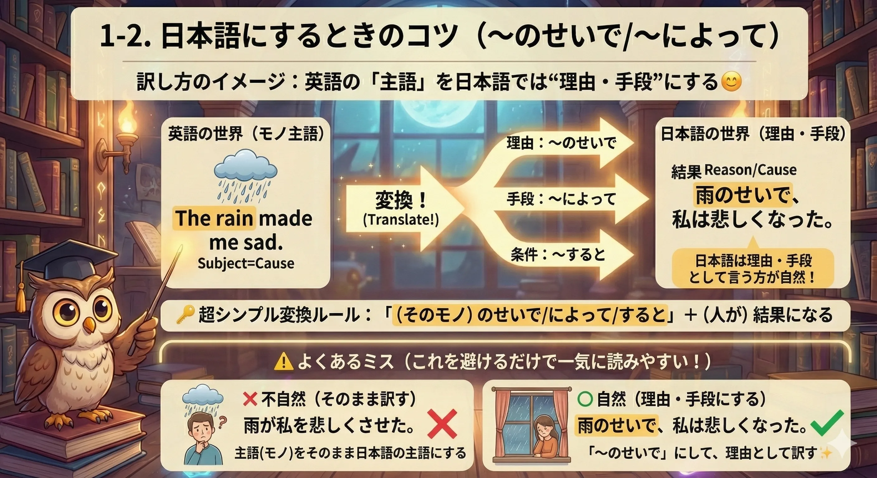 無生物主語の和訳イメージ：英語は原因を主語にする→日本語は『〜のせいで／〜によって／〜すると』に直す