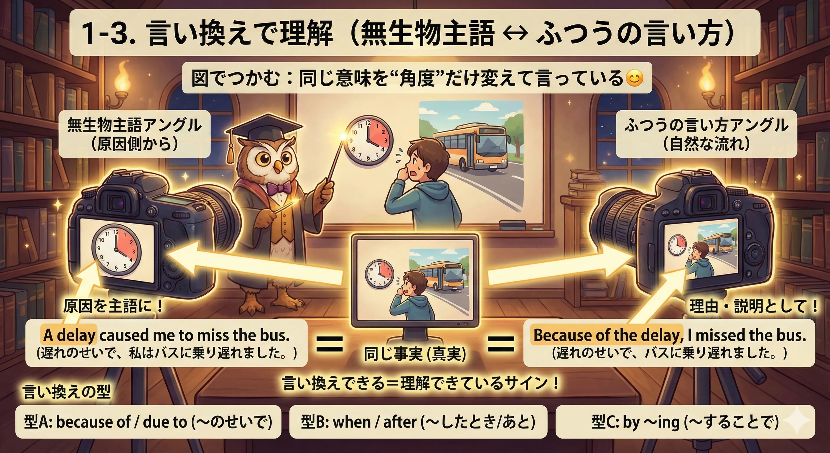 無生物主語と言い換えのイメージ：原因を主語にする文 ↔ because/when/by などで説明する文
