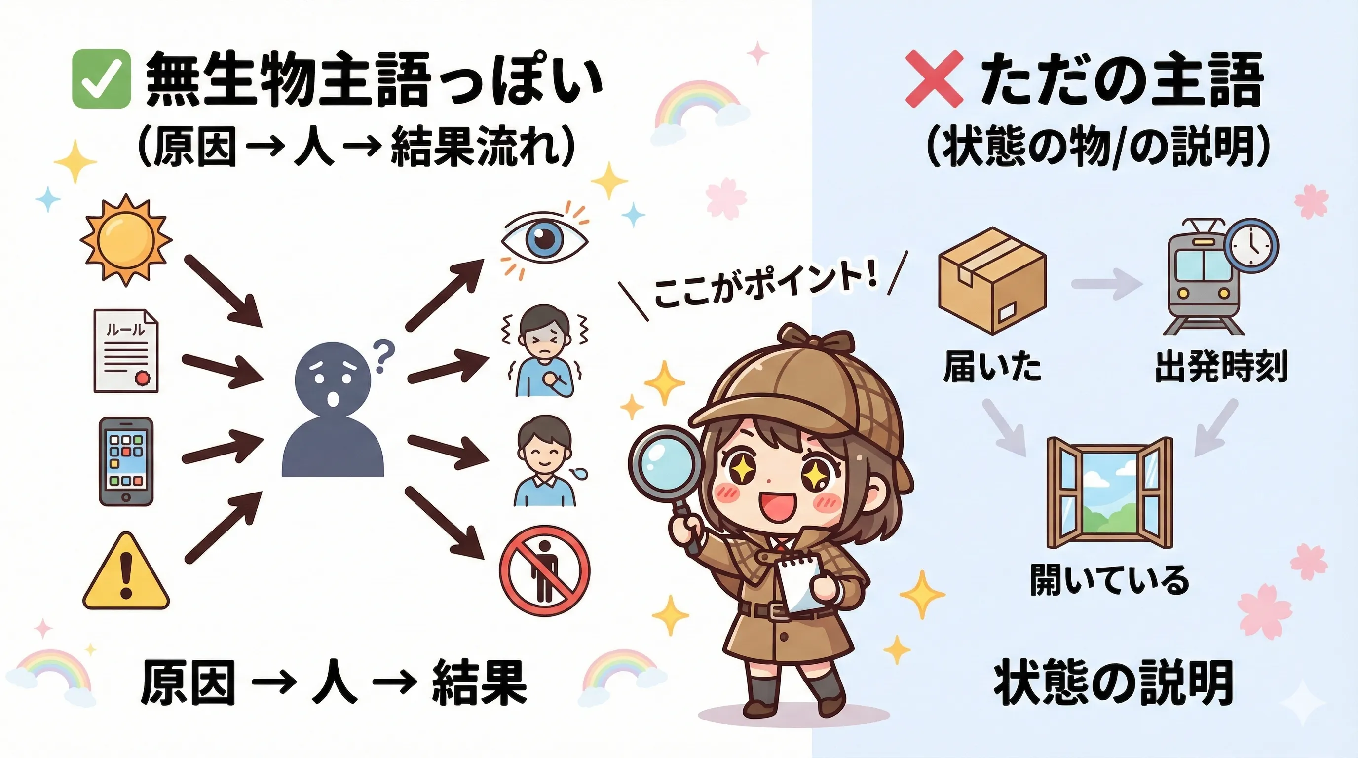 見抜きポイント：主語（モノ）が原因として人に影響し結果が起きる→無生物主語。単に物が〜する/〜だ→ただの主語。