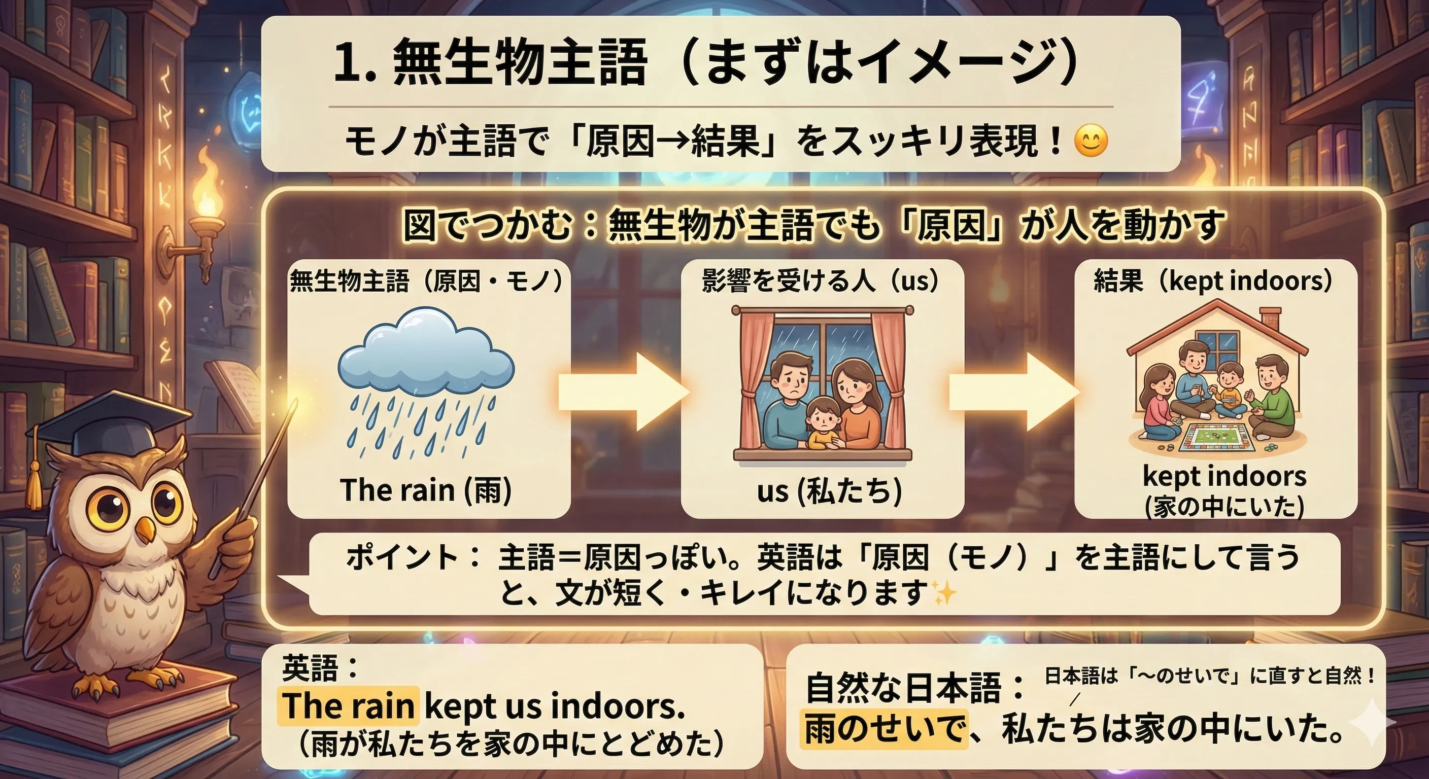無生物主語のイメージ図：原因（雨・時間・本など）→ 人に影響 → 結果（行動・気持ち・状態）が起きる