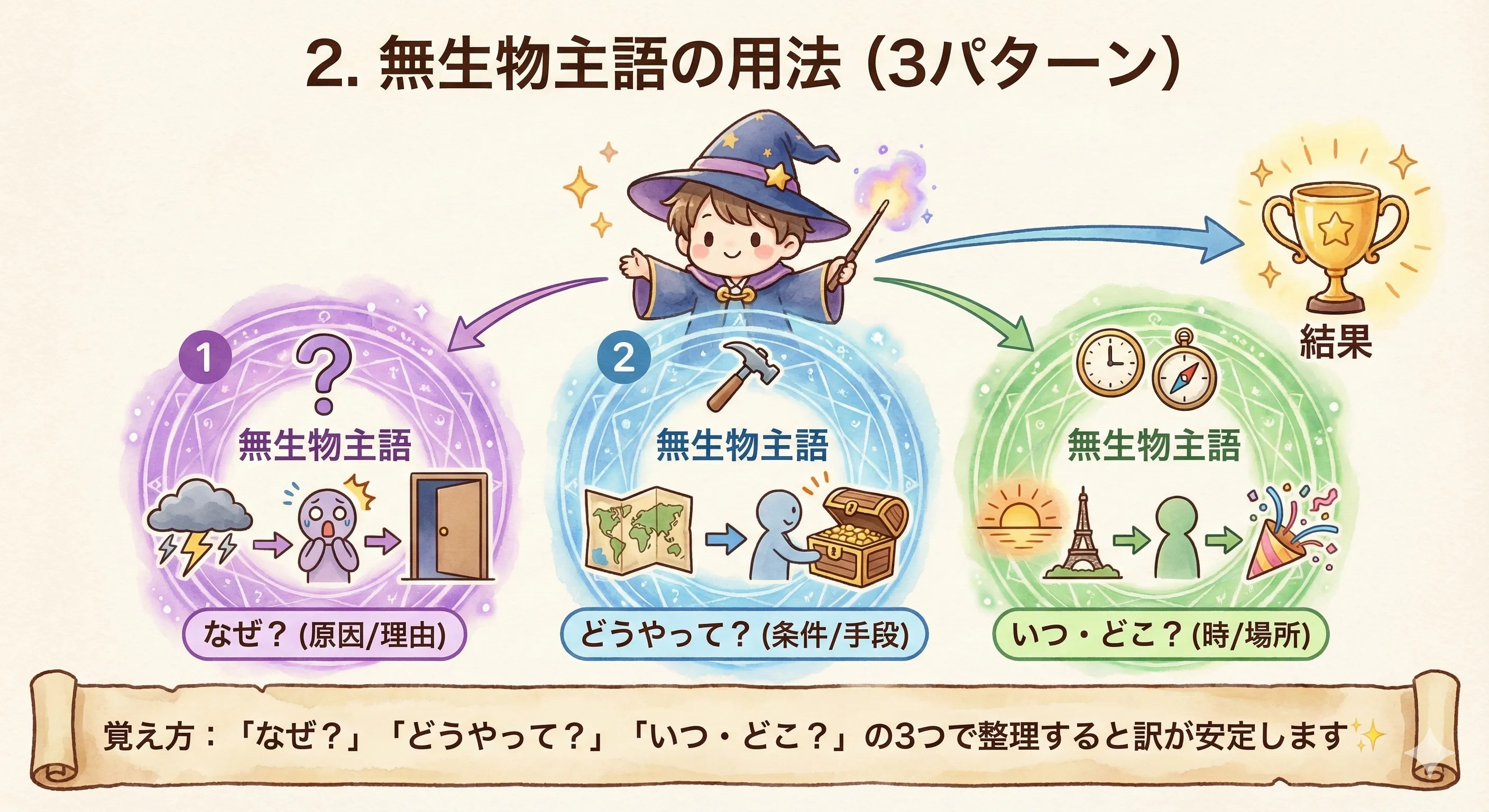 無生物主語の3パターン：①原因/理由 ②条件/手段 ③時/場所（どれも原因→人→結果の発想）