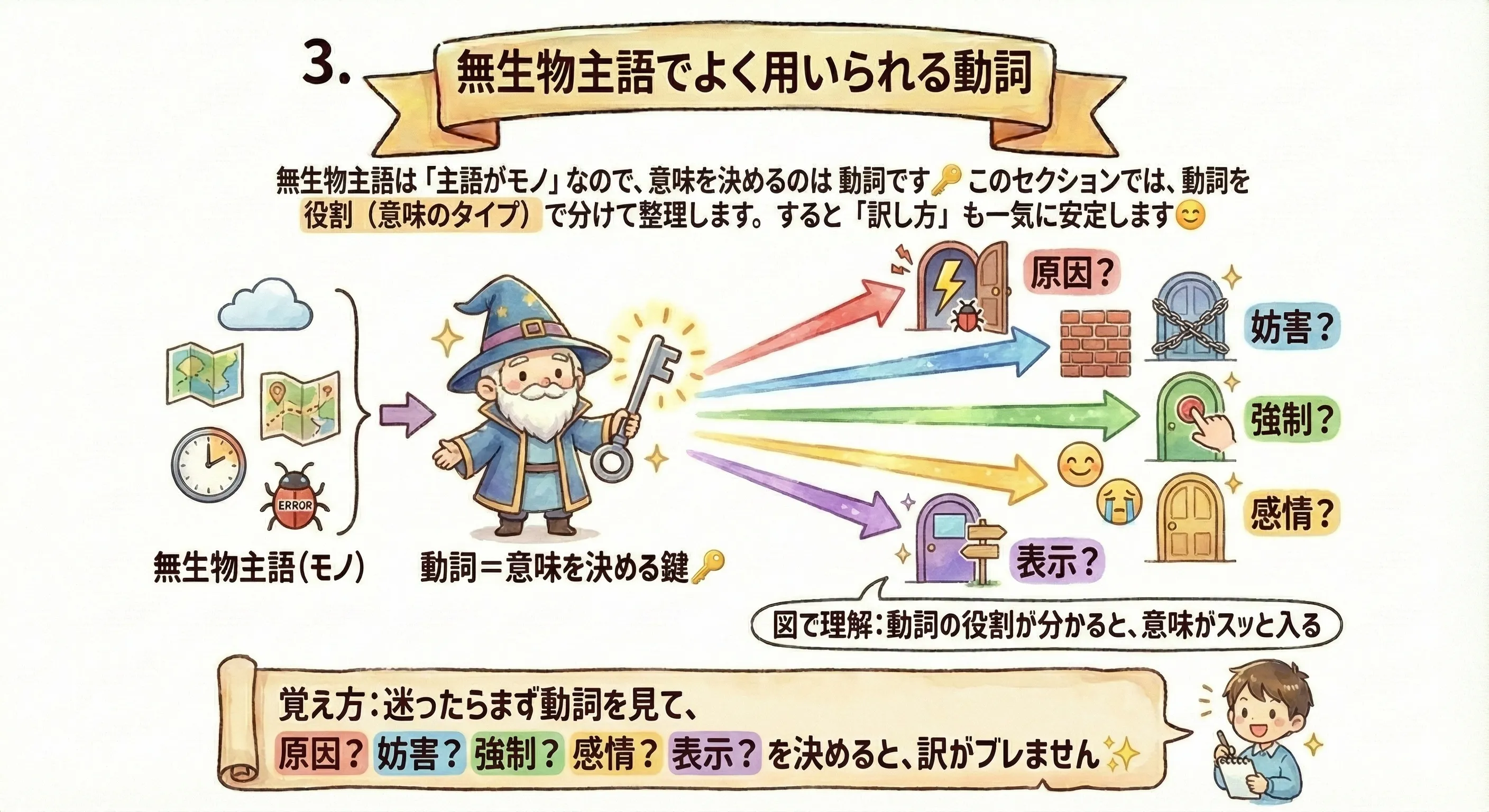 無生物主語の動詞マップ：原因・妨害・強制・感情・状態・表示・支援（動詞の役割で意味が決まる）