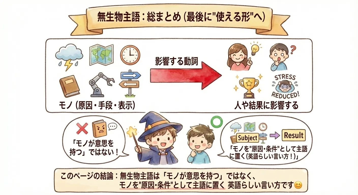 無生物主語の総まとめ：モノ（原因・条件・時/場所・表示・支援など）が主語になり、人や結果に影響する