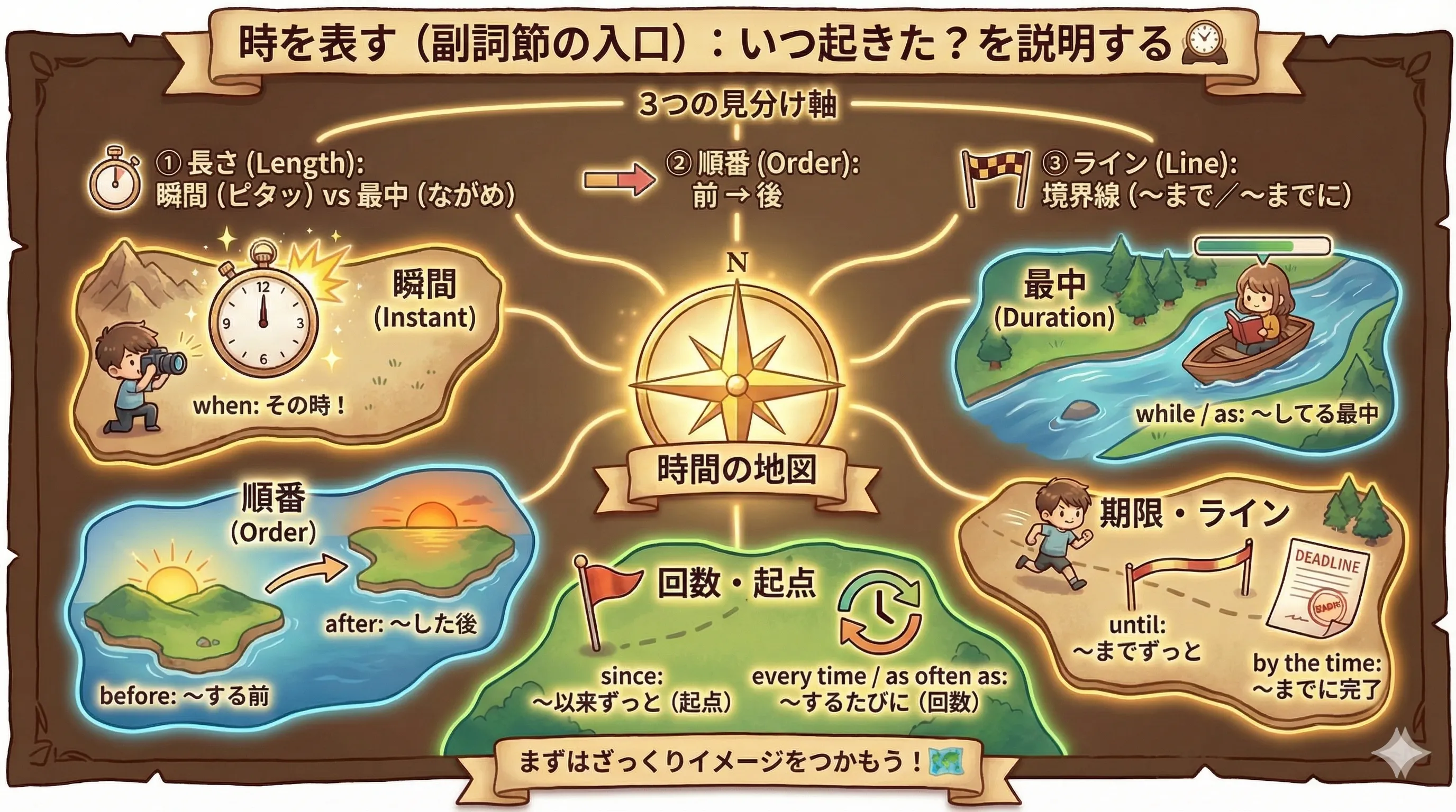 時を表す従位接続詞の地図：when / while / as / before / after / until などを整理するイメージ