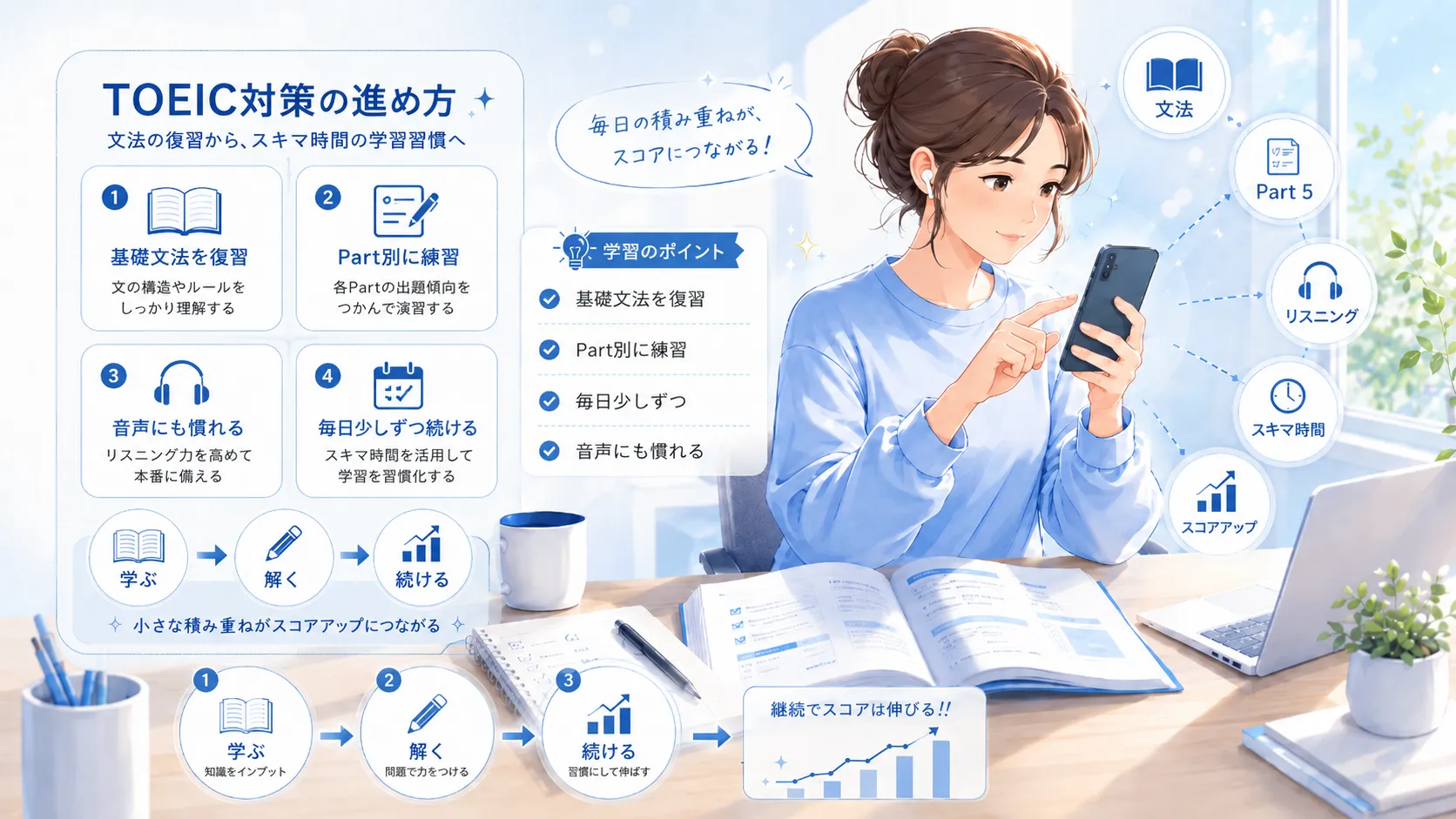 スマホでTOEIC対策を進める社会人と英文法ノートのイラスト