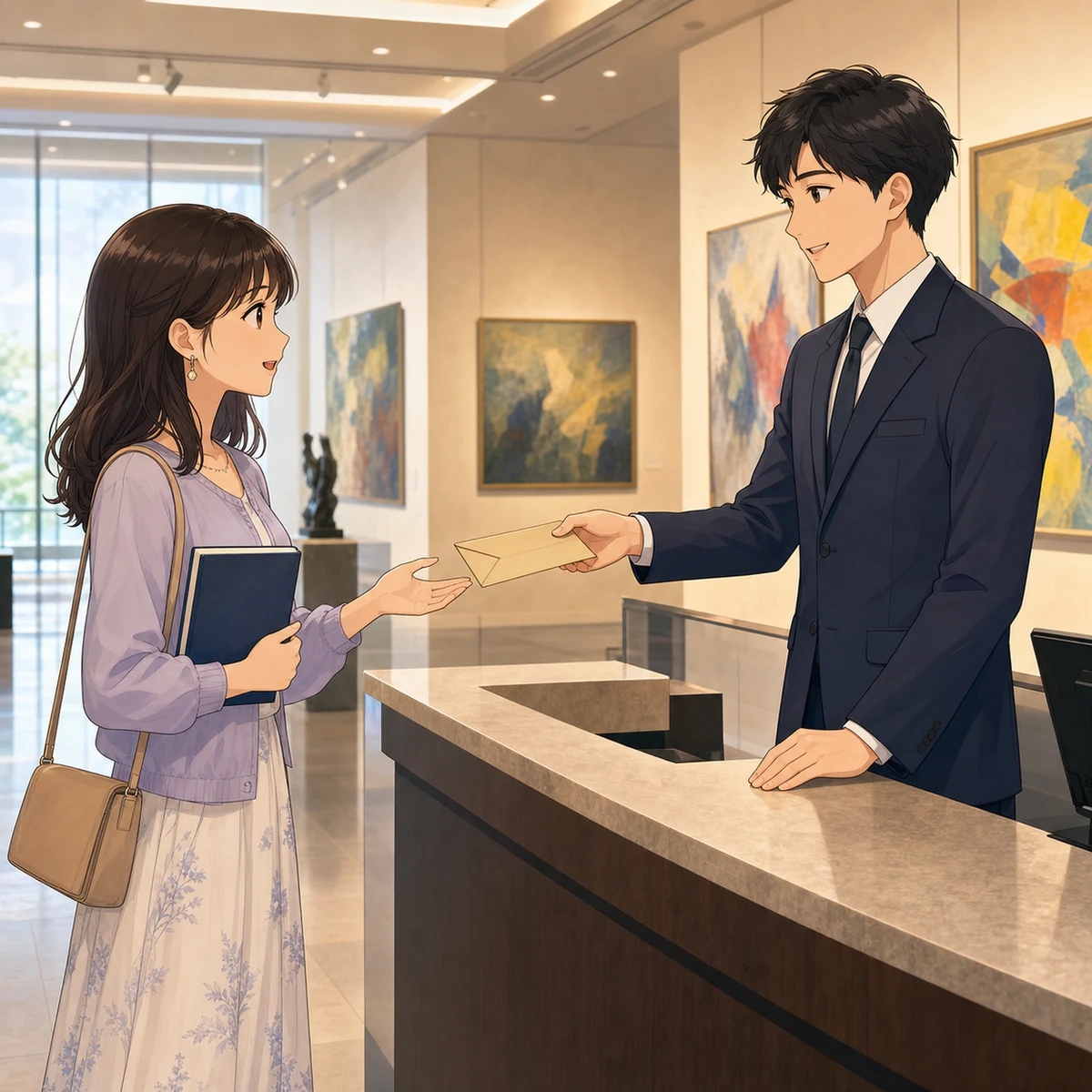 美術館で見つかった封筒を確認する