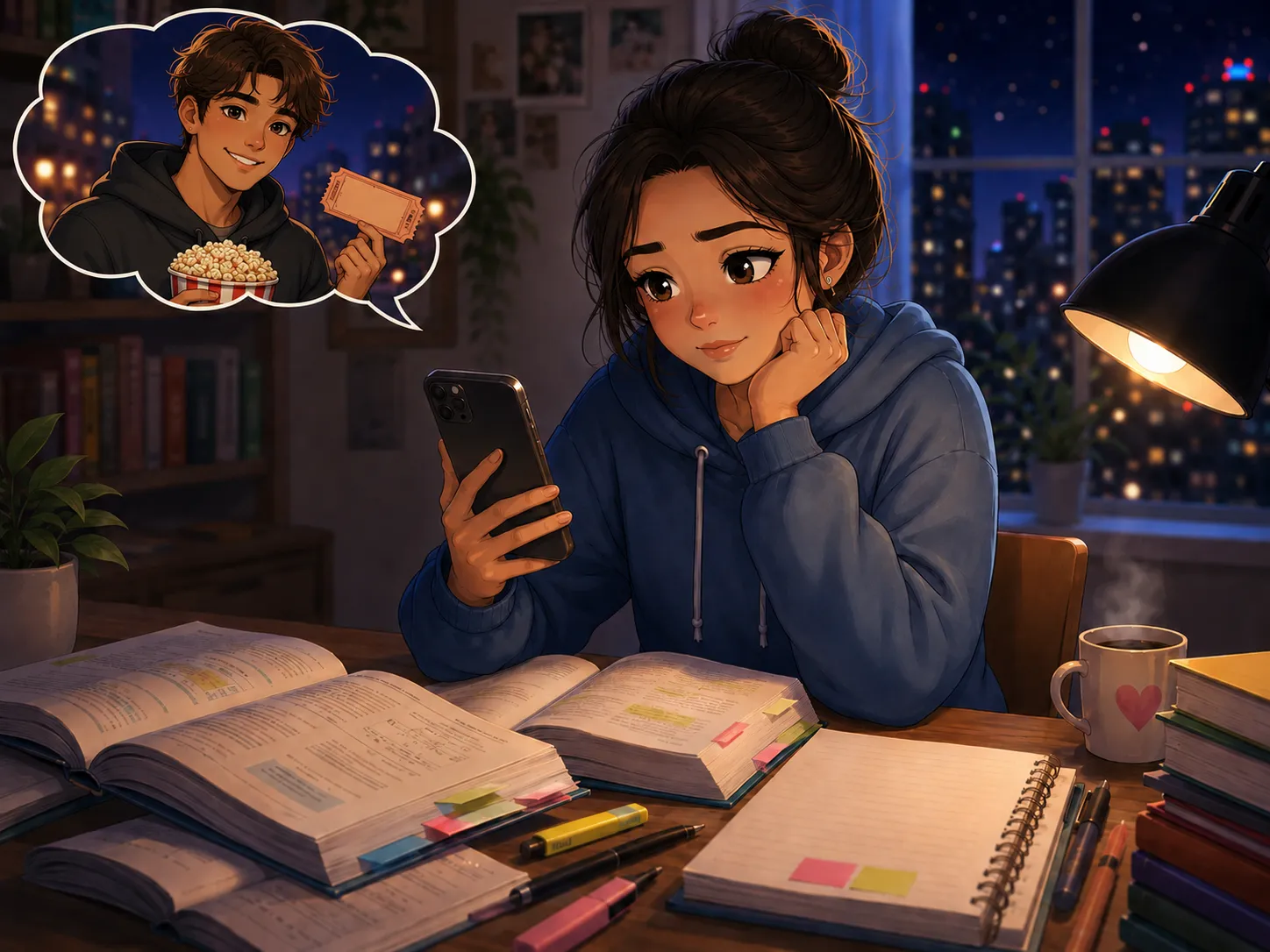 夜に机で勉強しながら友達からの電話を見ている生徒