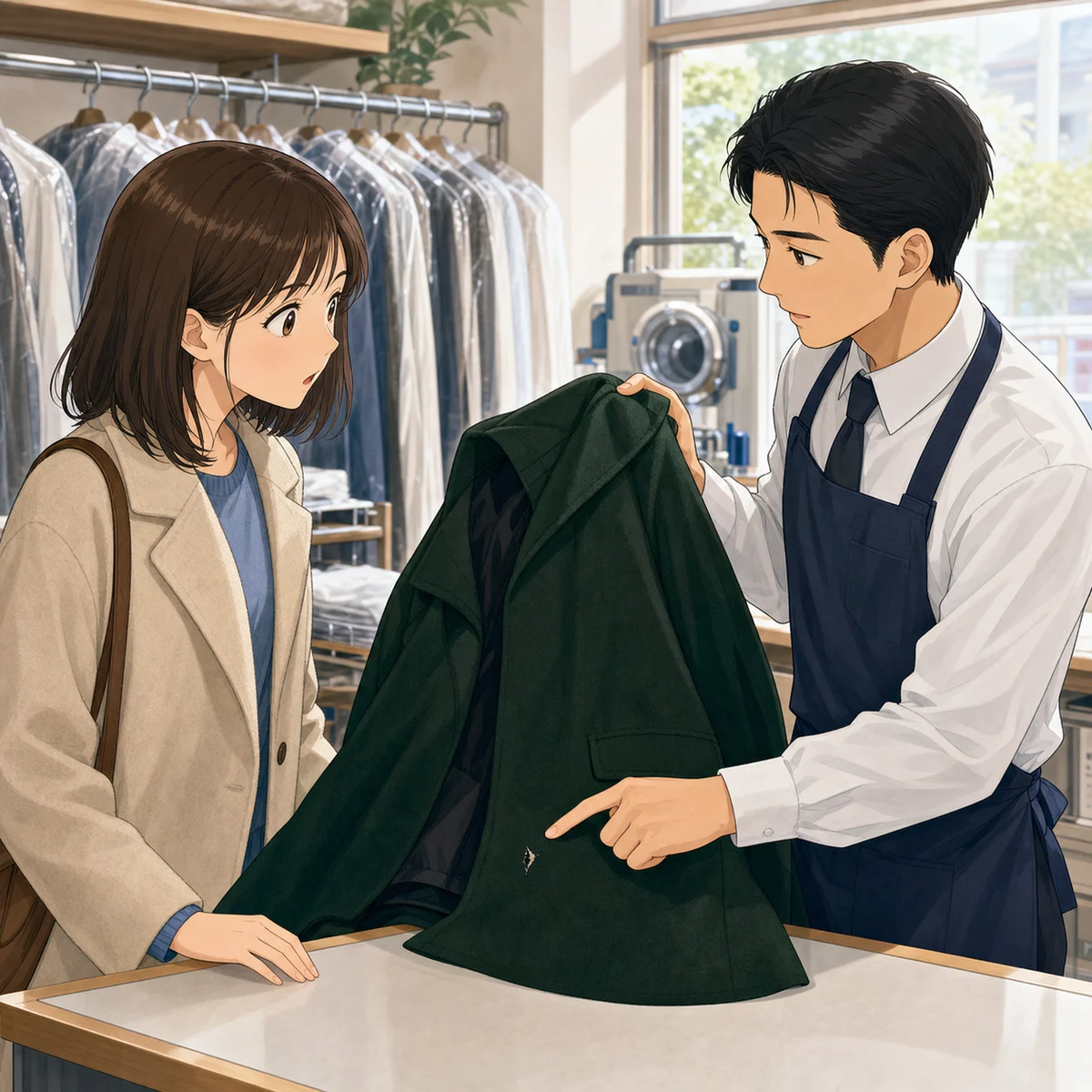 クリーニング店でコートの受取日を相談する