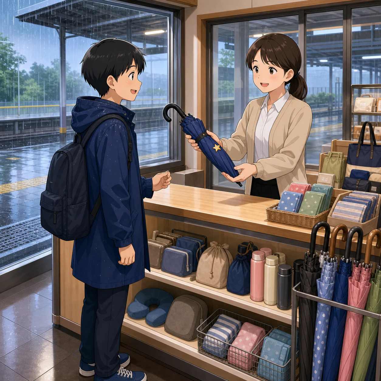 駅の売店で青い傘を選ぶ