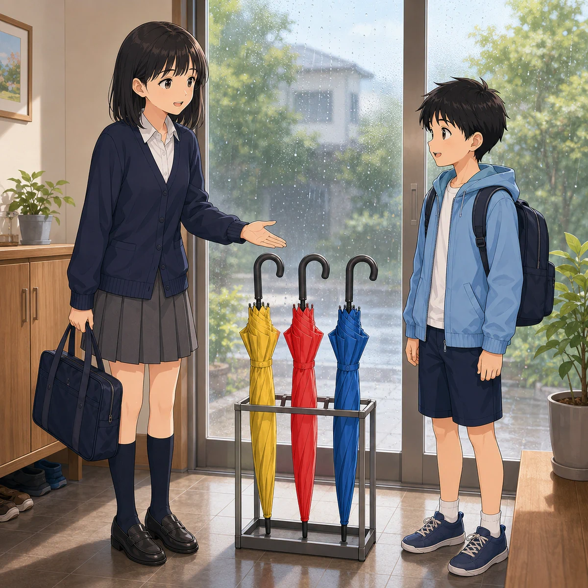 雨の朝、玄関で傘を選ぶの例題イラスト