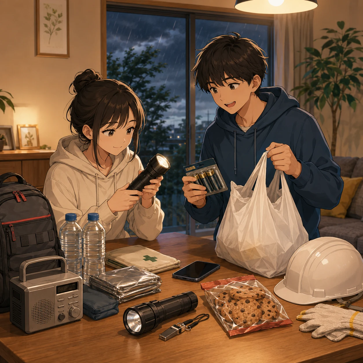 嵐に備えて懐中電灯を確認する