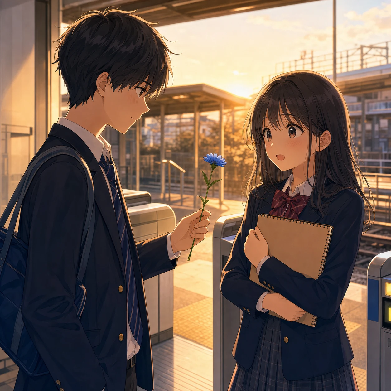 放課後の駅で青い花を渡す