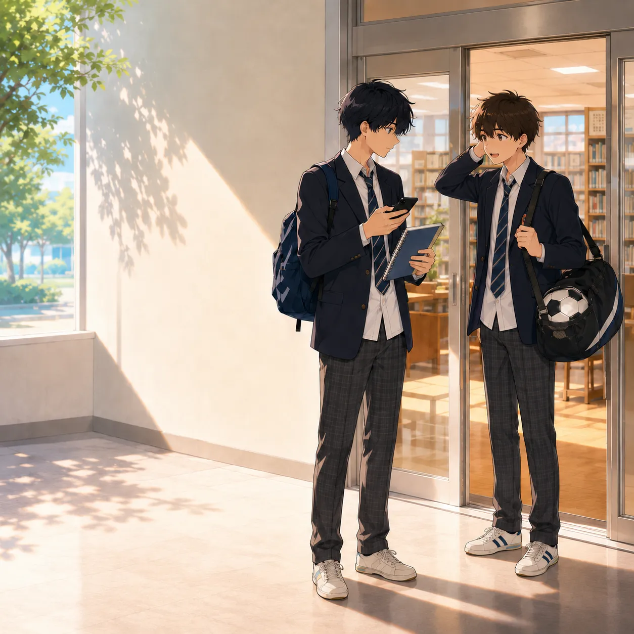 Two students talking near a school library