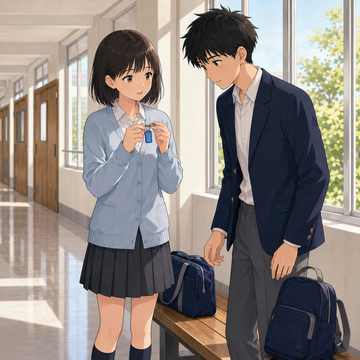 学校の廊下で小さな鍵の持ち主を探す