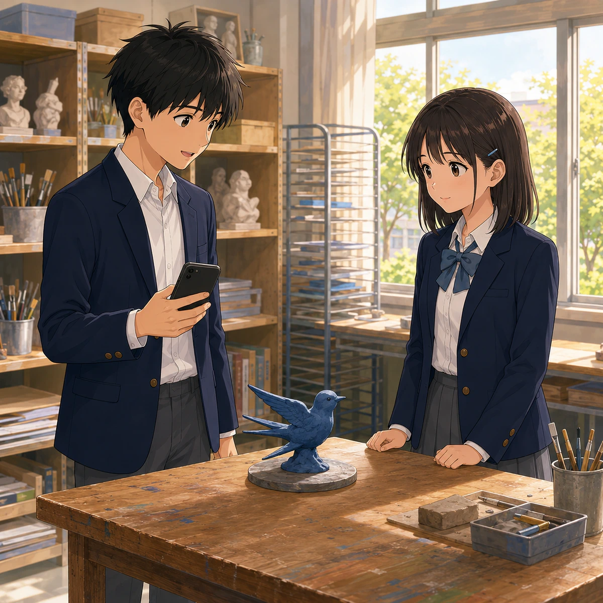 美術室で青い鳥の作品を撮るの例題イラスト